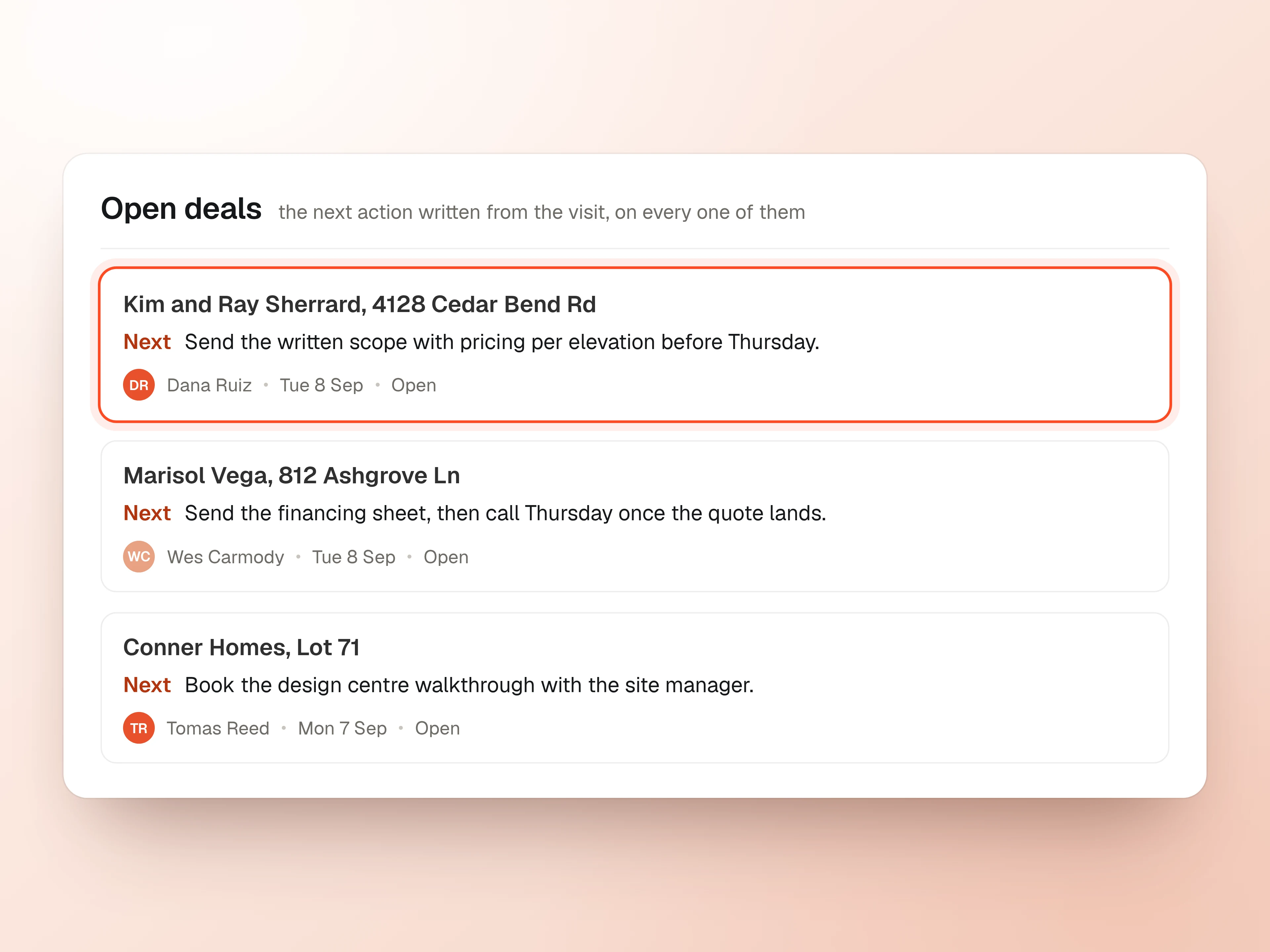Three open deals, a roof replacement, an HVAC replacement and a builder walkthrough, each carrying its own next action written from that visit.