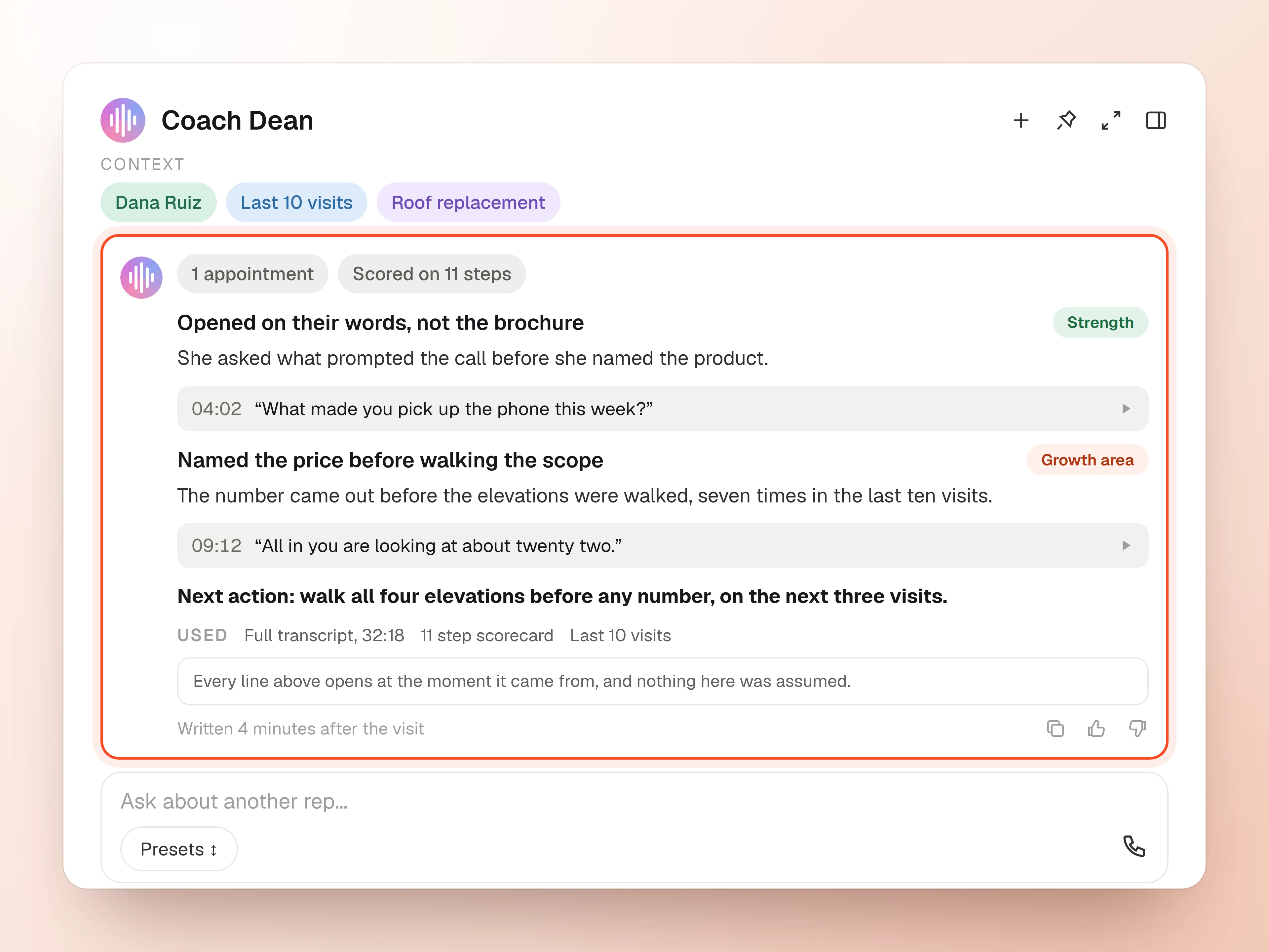 The Coach Dean panel with the context it was given, a strength and a growth area each carrying the quote and minute it came from, one next action, and the list of what was read to write it.