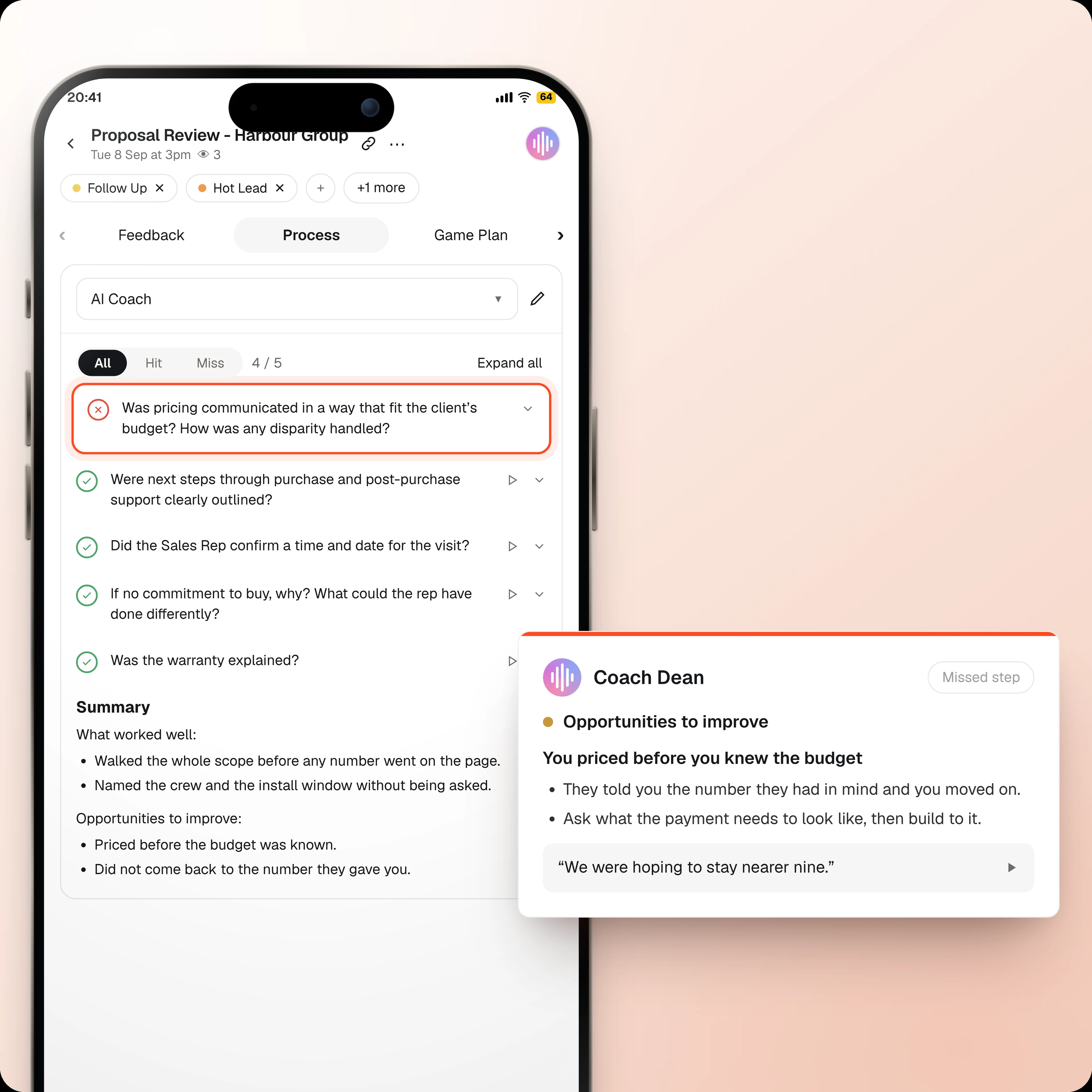 A rep's own view of their last visit at the Sherrard residence scoring 78, six above their average, with a Do this next card telling them to ask for the decision timeline before quoting, a list of moments to relisten with timings, and a card offering to role play the price objection.