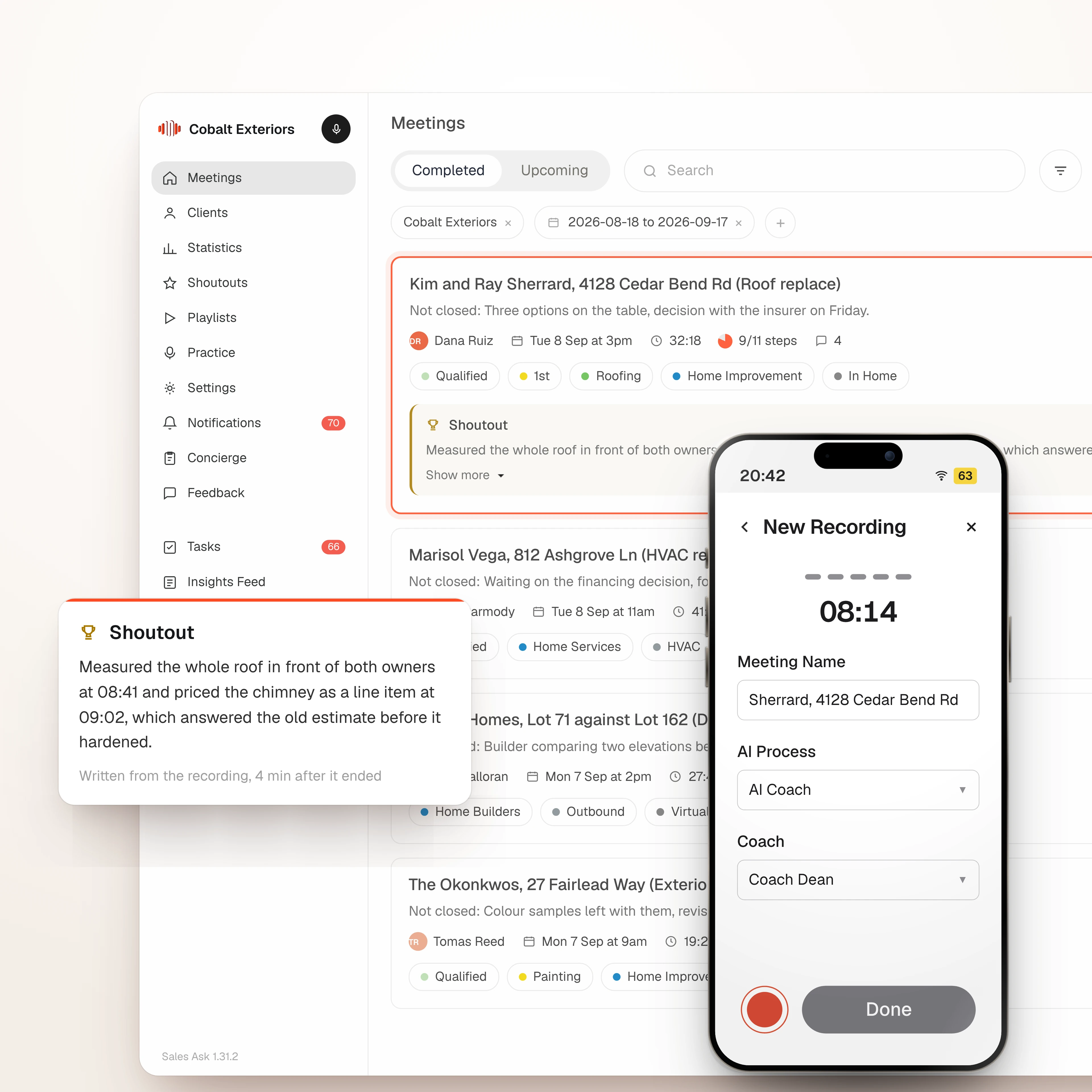 A smartwatch recording an appointment at 12 minutes 47 seconds beside an iPhone showing the SalesAsk meetings list, with a written summary of the Sherrard Residence roof visit and Objection handled, Strong close and Clear next step tags.