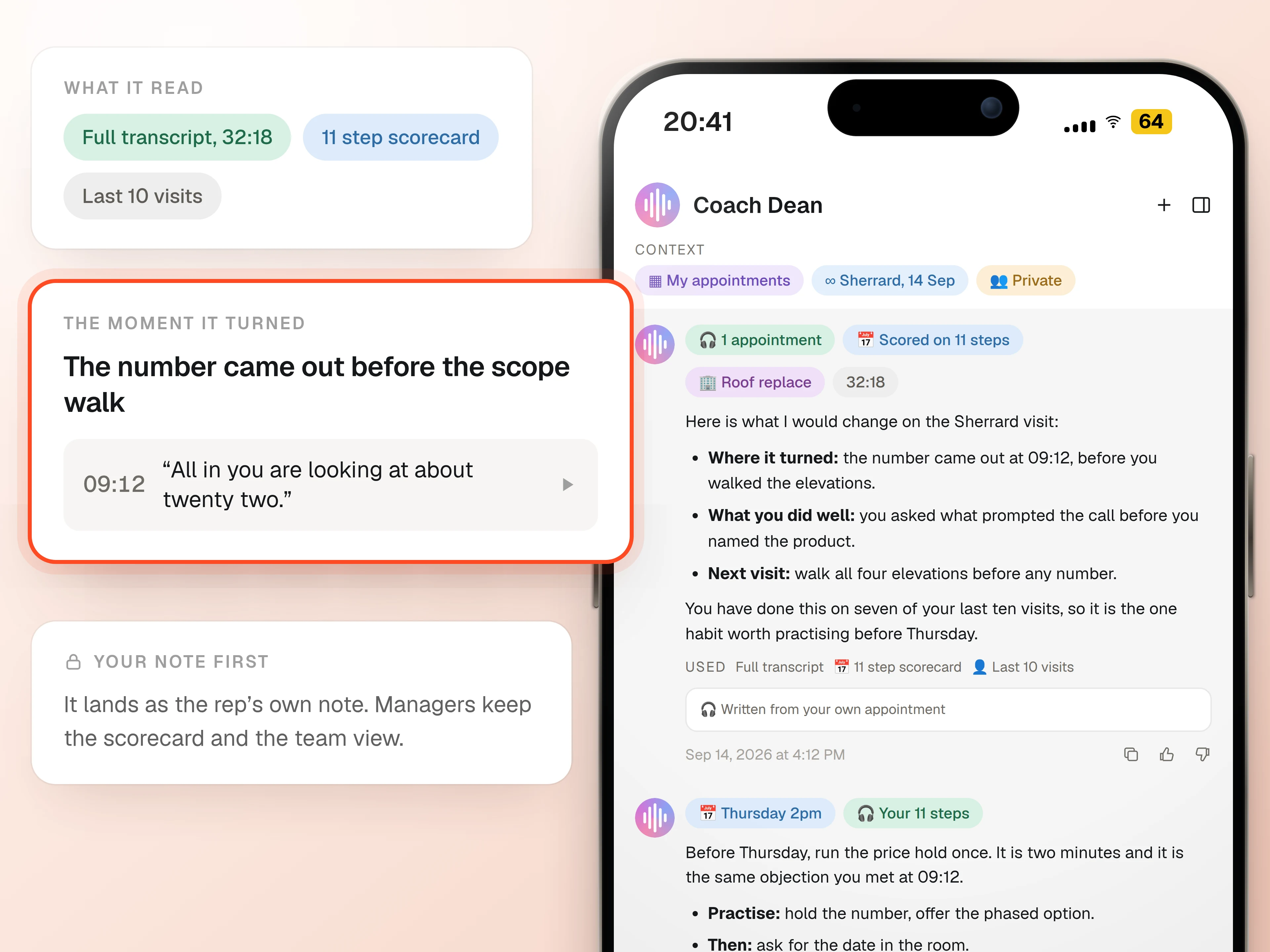 Coach Dean on the rep's own phone, with the moment the visit turned lifted off the screen beside it, what Coach Dean read to write it, and a note that the coaching lands privately with the rep first.