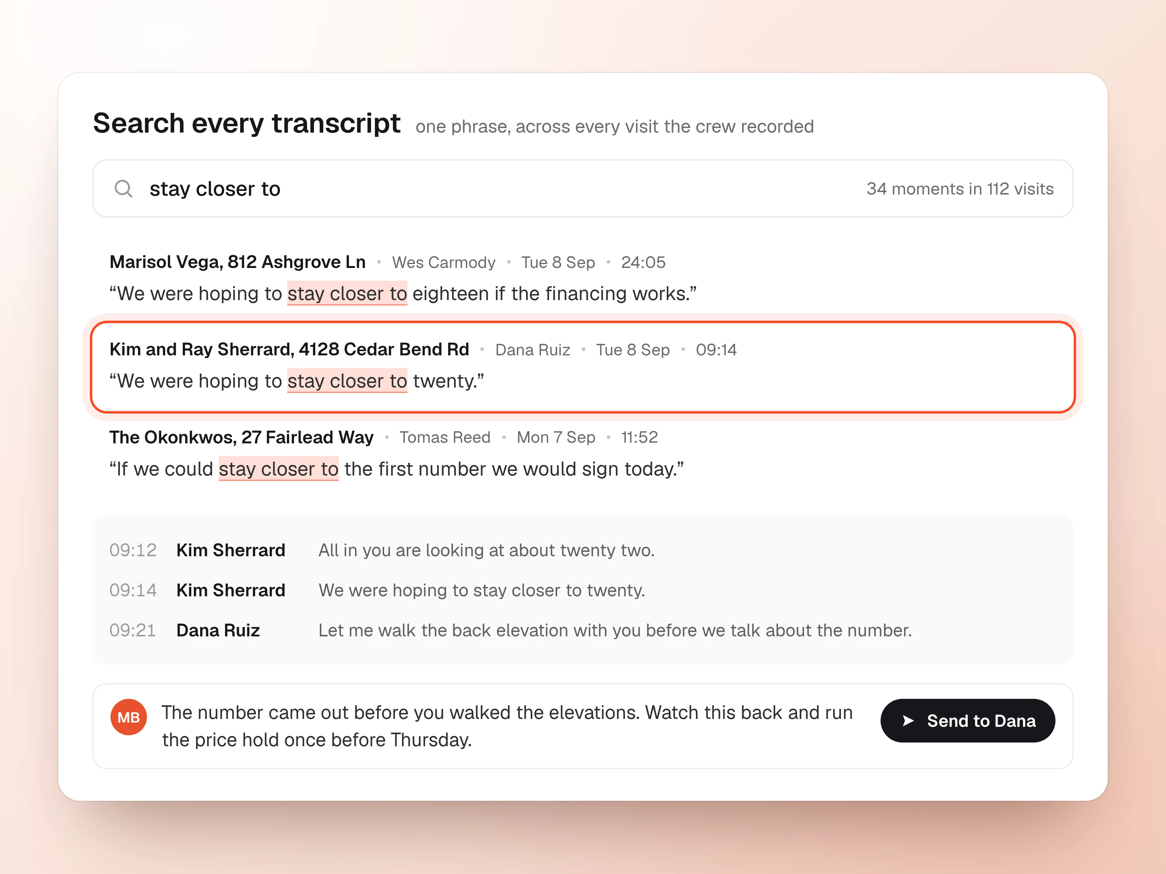 One phrase searched across every recorded visit, returning the moment it was said on three different appointments, with one opened to the turns around it and a comment being sent to the rep.
