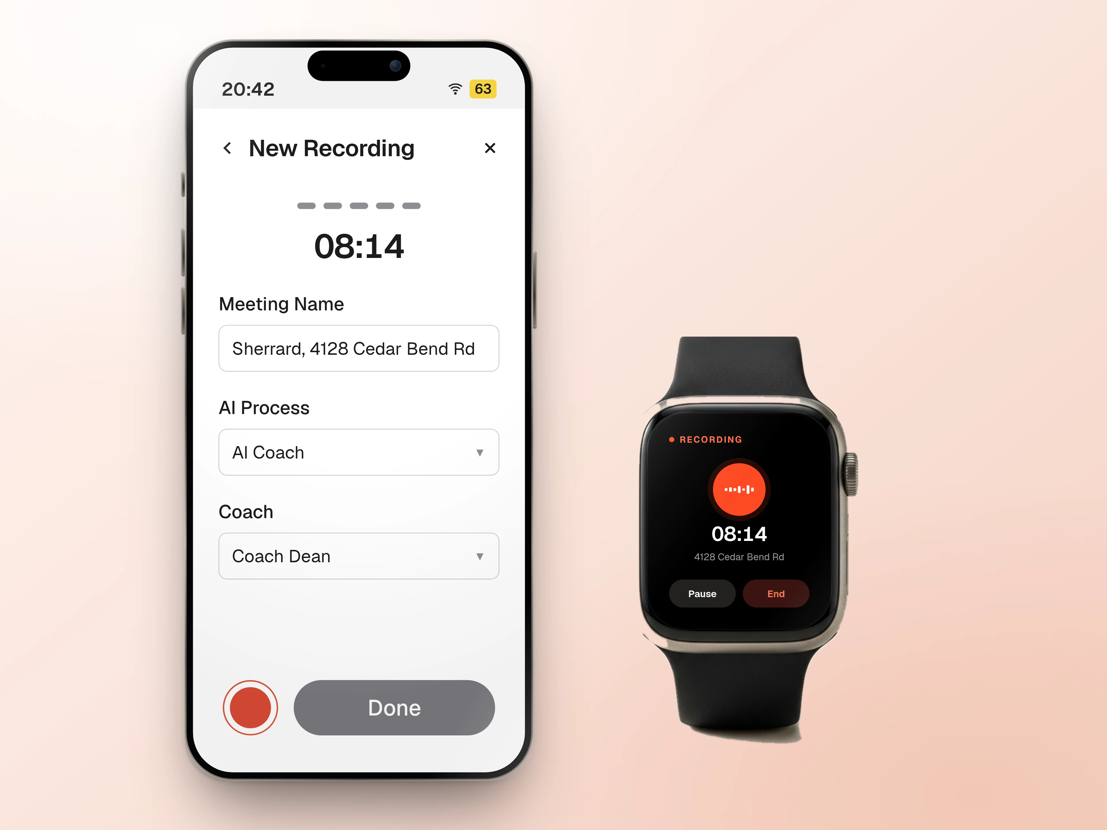An iPhone and an Apple Watch recording the same visit at 4128 Cedar Bend Rd, both showing the same running timer.