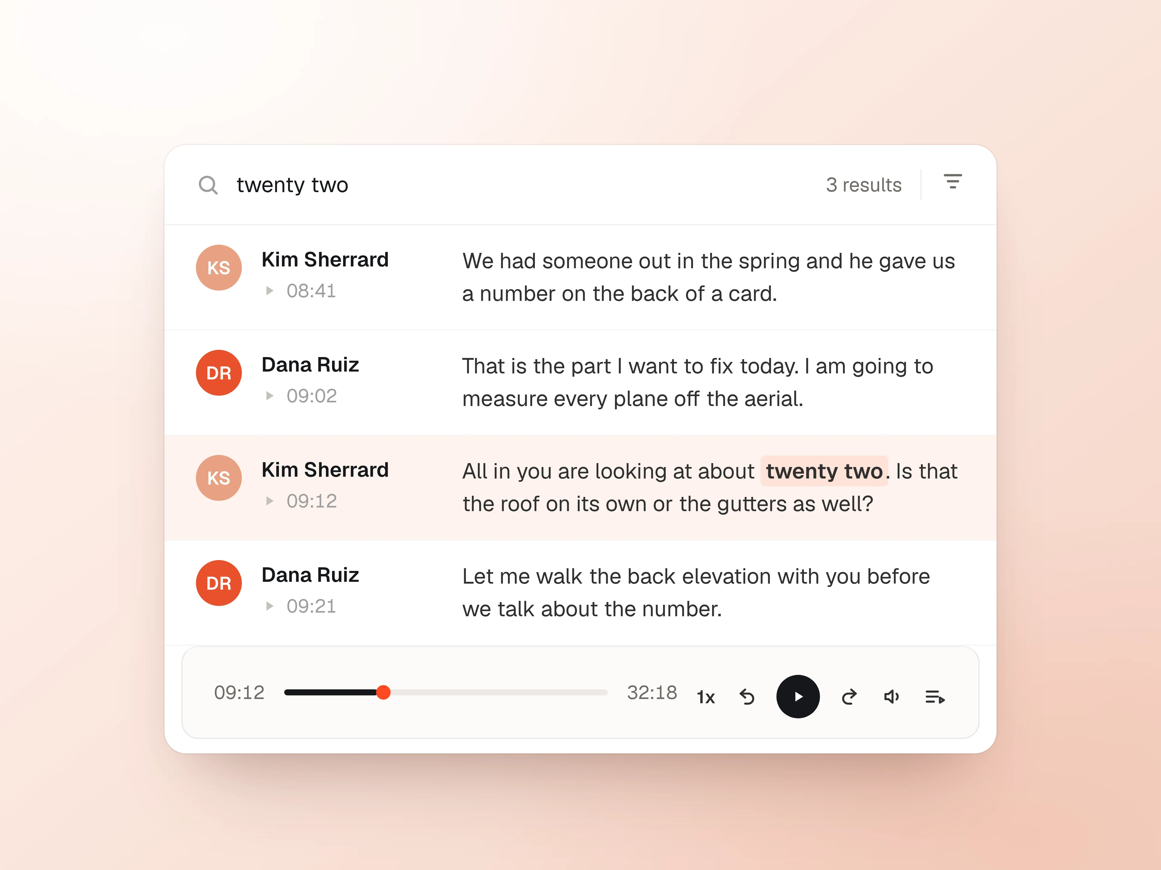 A searched transcript with speaker avatars, timestamps on every turn, the found phrase highlighted, and the audio player underneath.