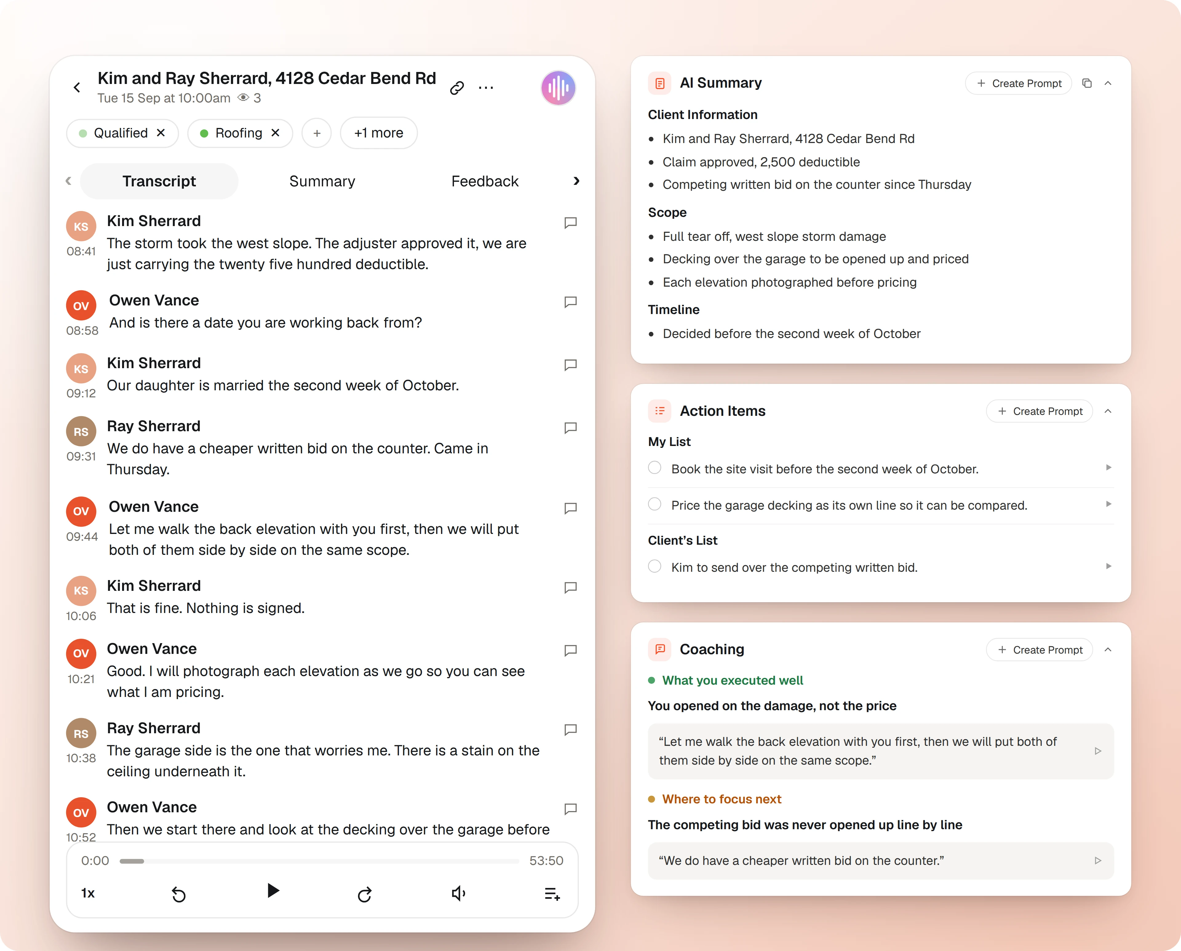 The visit transcript with its player, beside the record it wrote: the AI Summary, the action items for both sides, and the coaching with the quote each note came from.