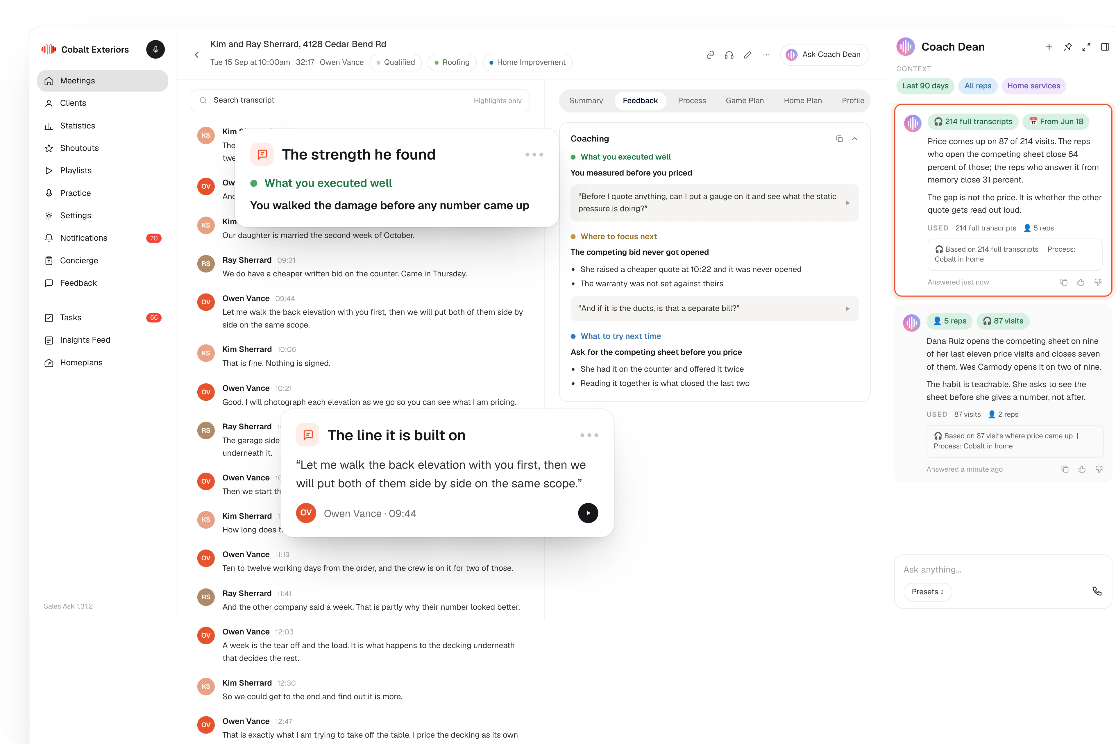 The Meetings list in SalesAsk with Coach Dean docked, answering a question across multiple visits.