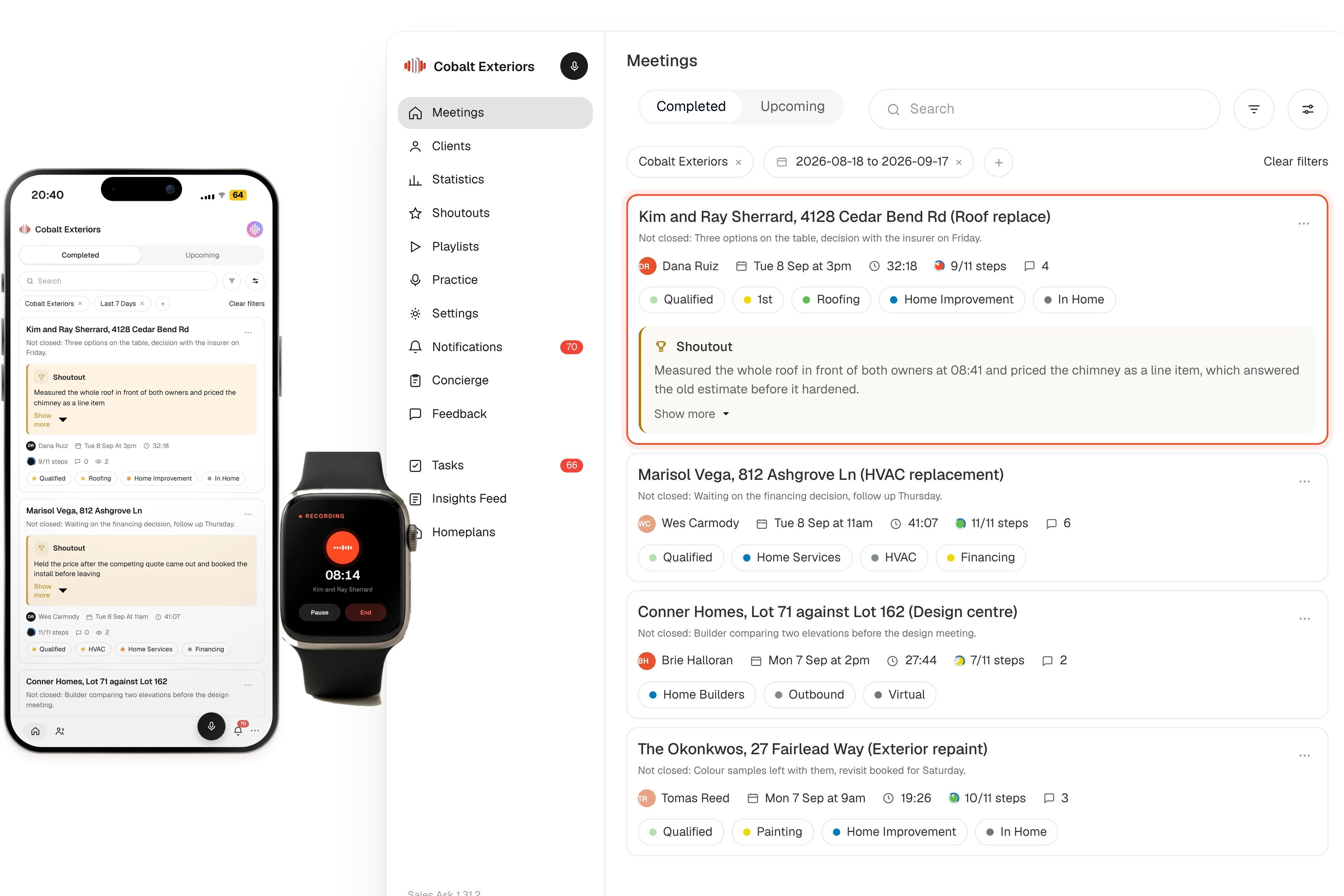 The desktop Meetings list in SalesAsk alongside the same visit on an iPhone and an Apple Watch mid recording.