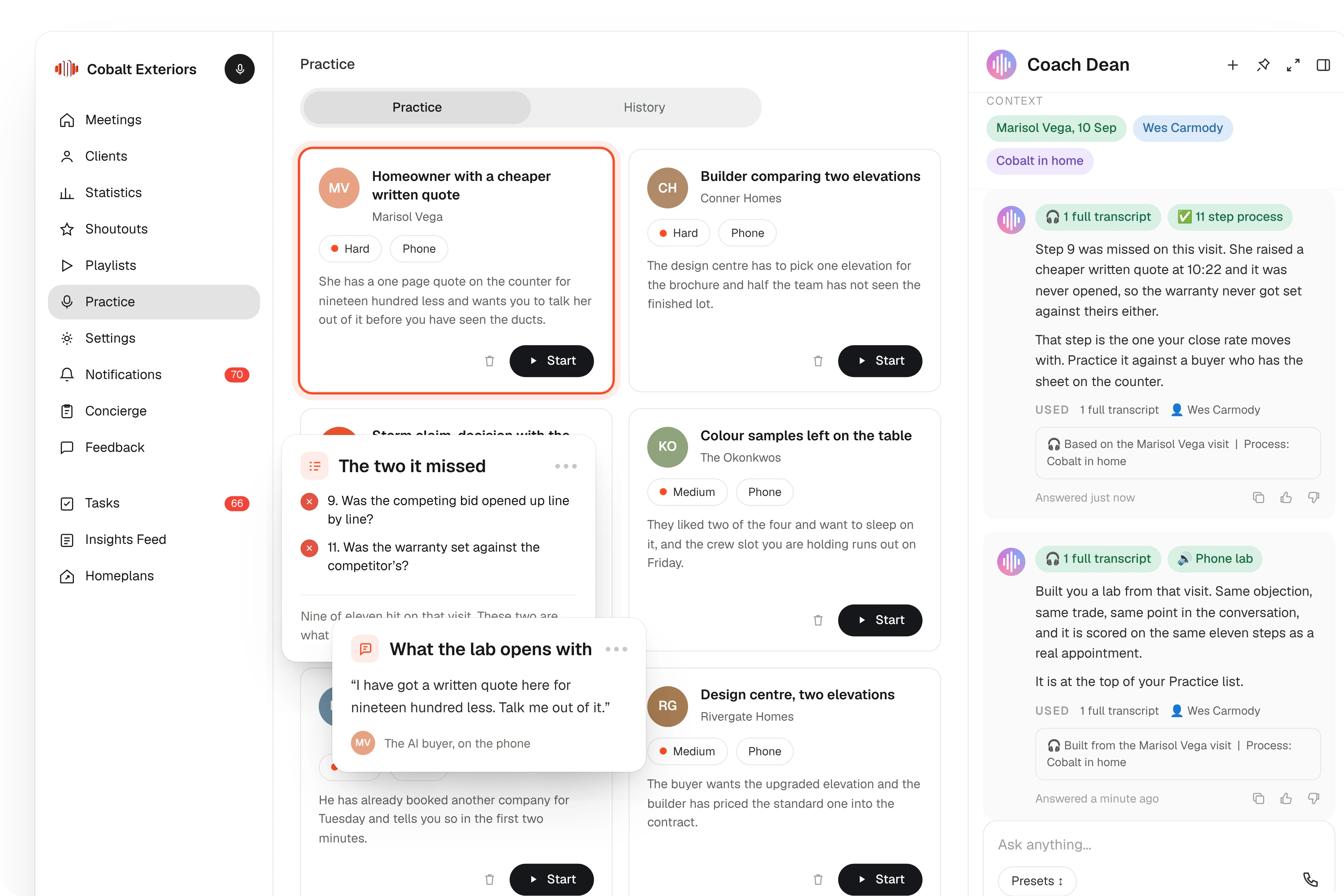 The practice list in SalesAsk with Coach Dean building a lab from a recorded visit