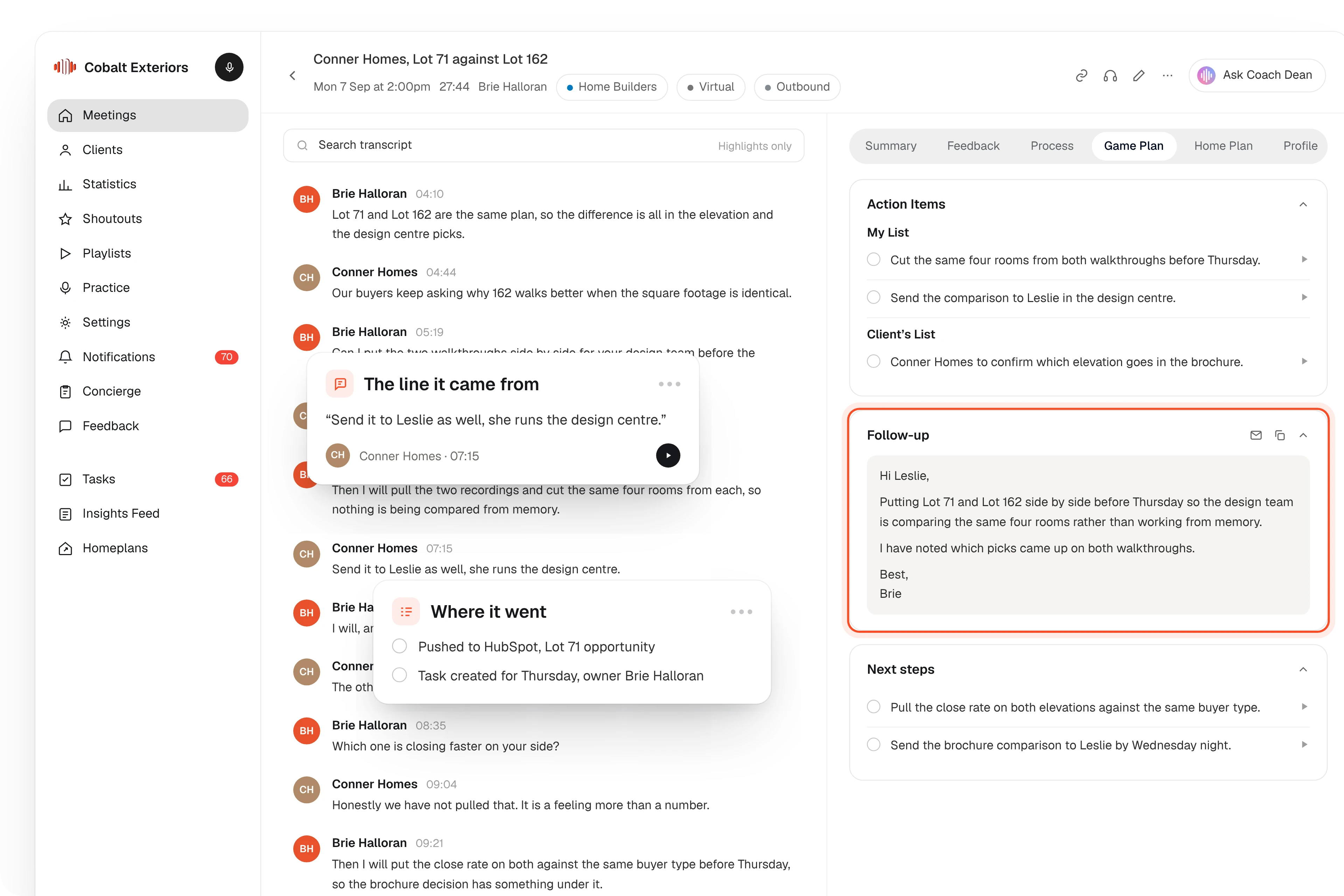 The Game Plan tab in SalesAsk showing action items and the drafted follow up email.