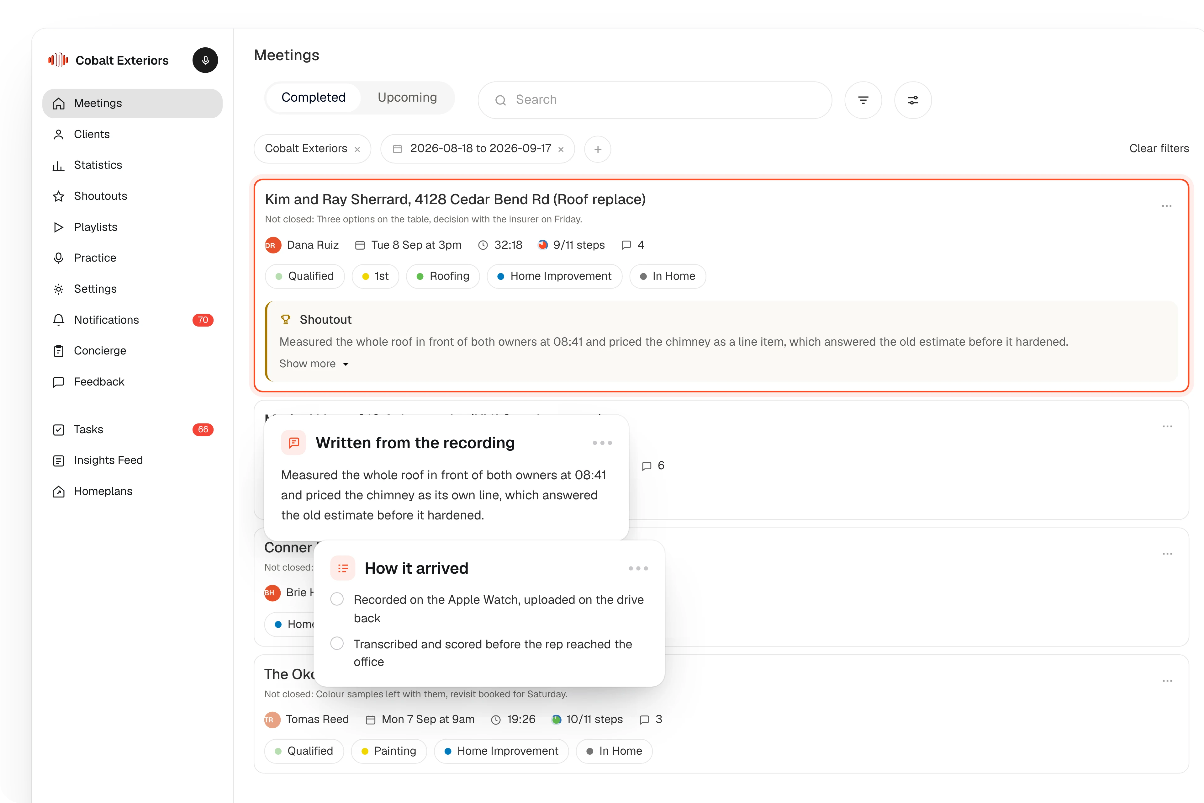 The Meetings list in SalesAsk with a visit that just arrived from the field.