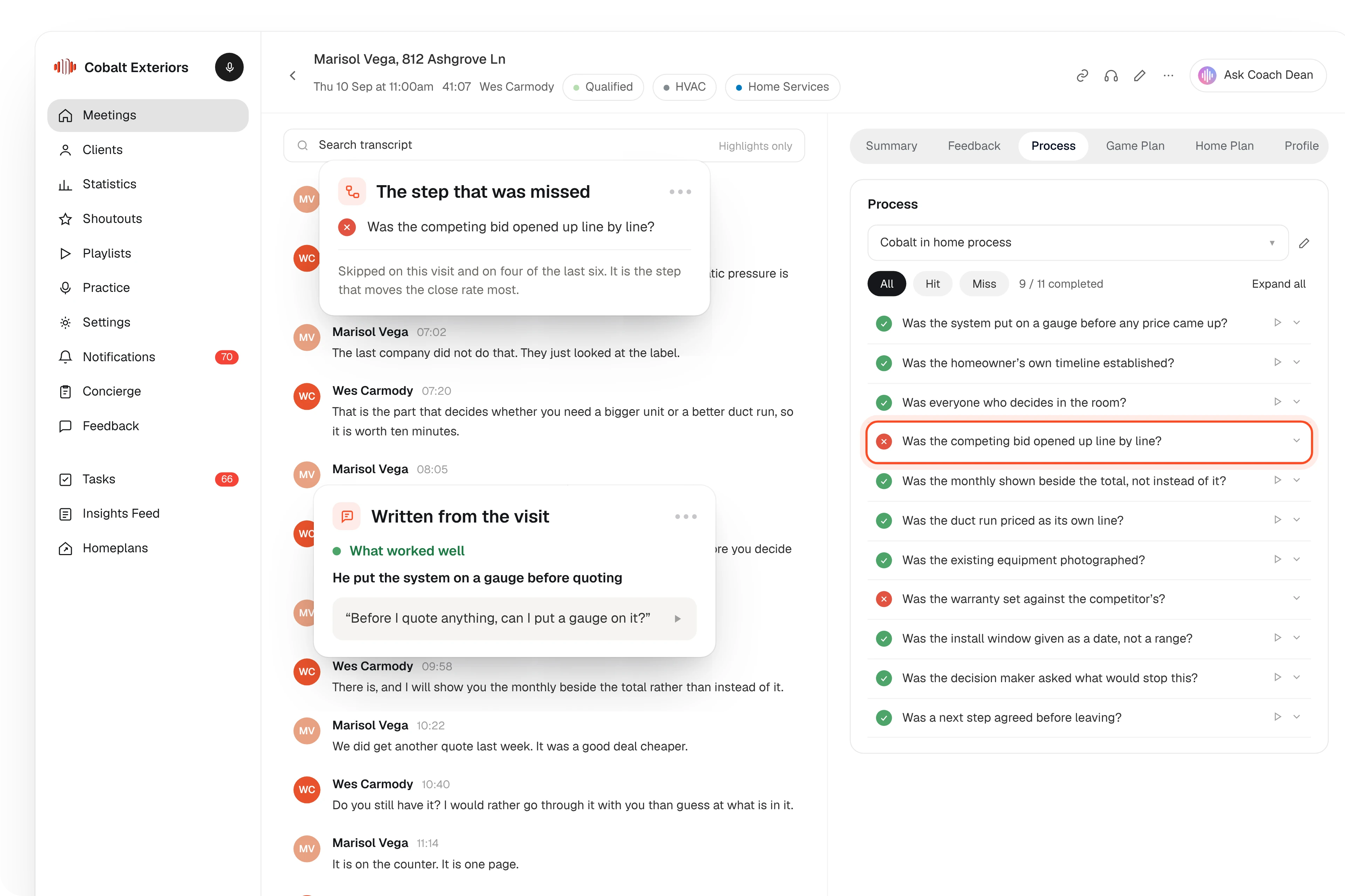A visit scored step by step against the account's own process in SalesAsk.