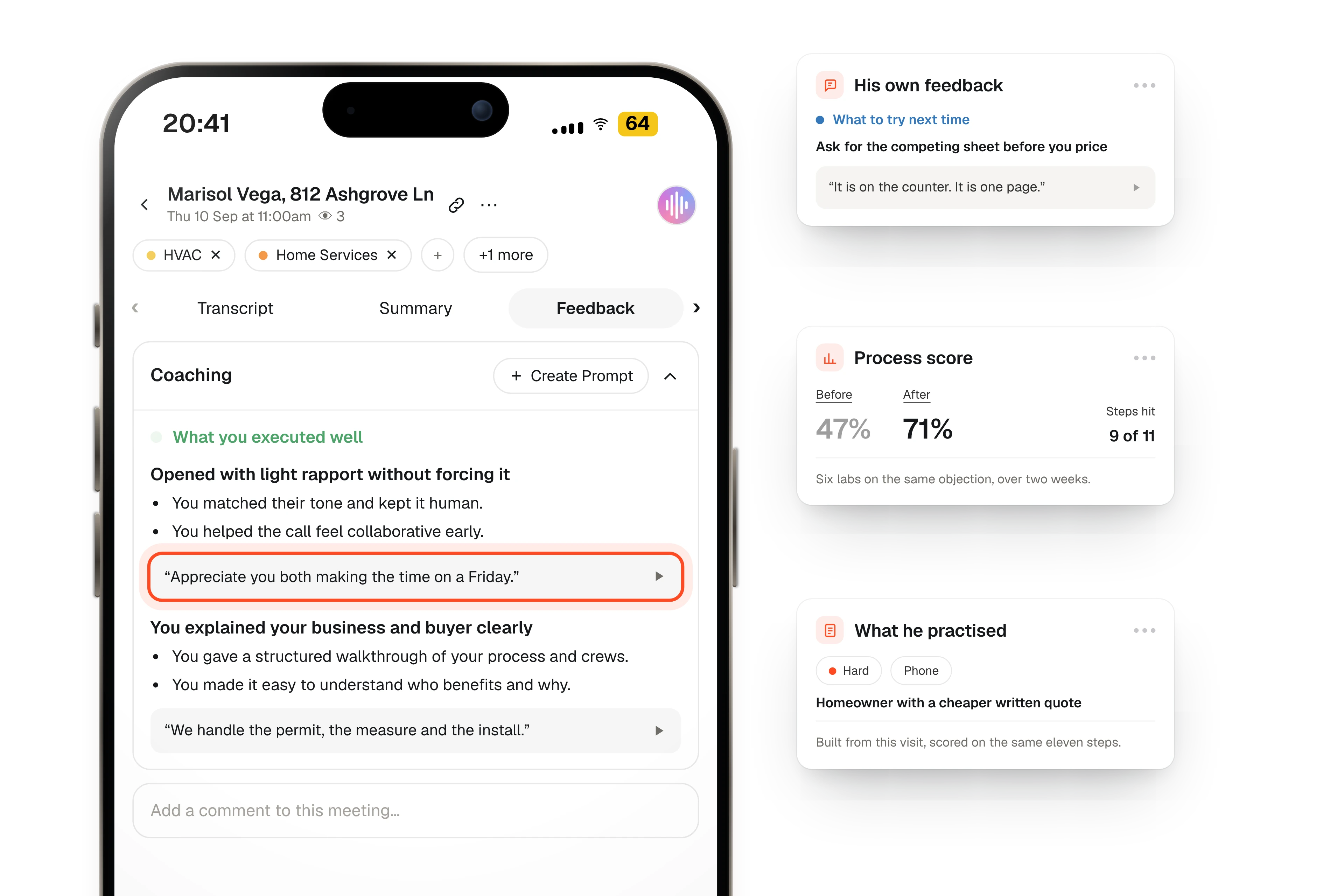 SalesAsk coaching feedback on a rep's phone after an in-home visit: what went well, what to work on, and the line to try next time.