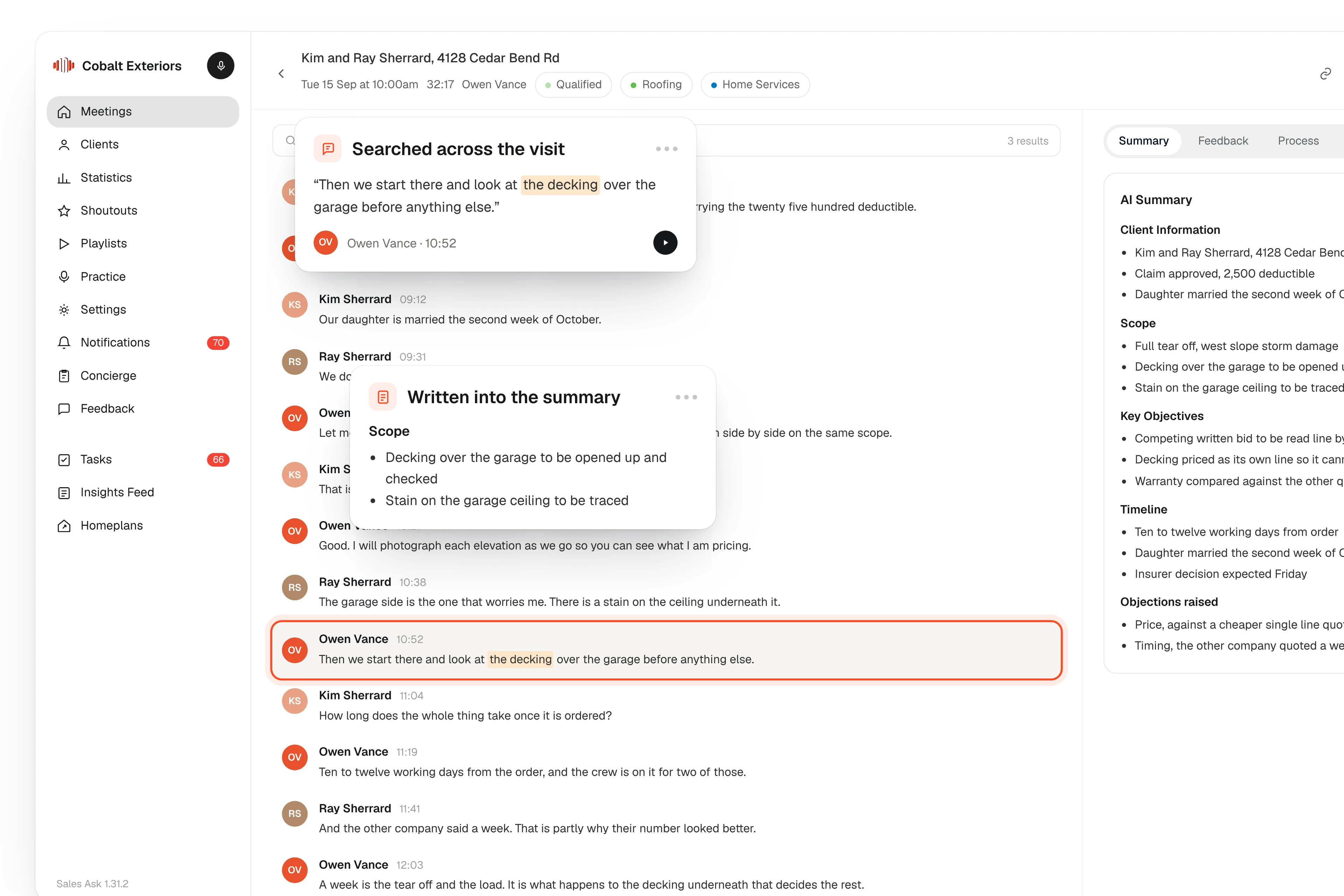 A visit transcript in SalesAsk beside the AI Summary it produced.