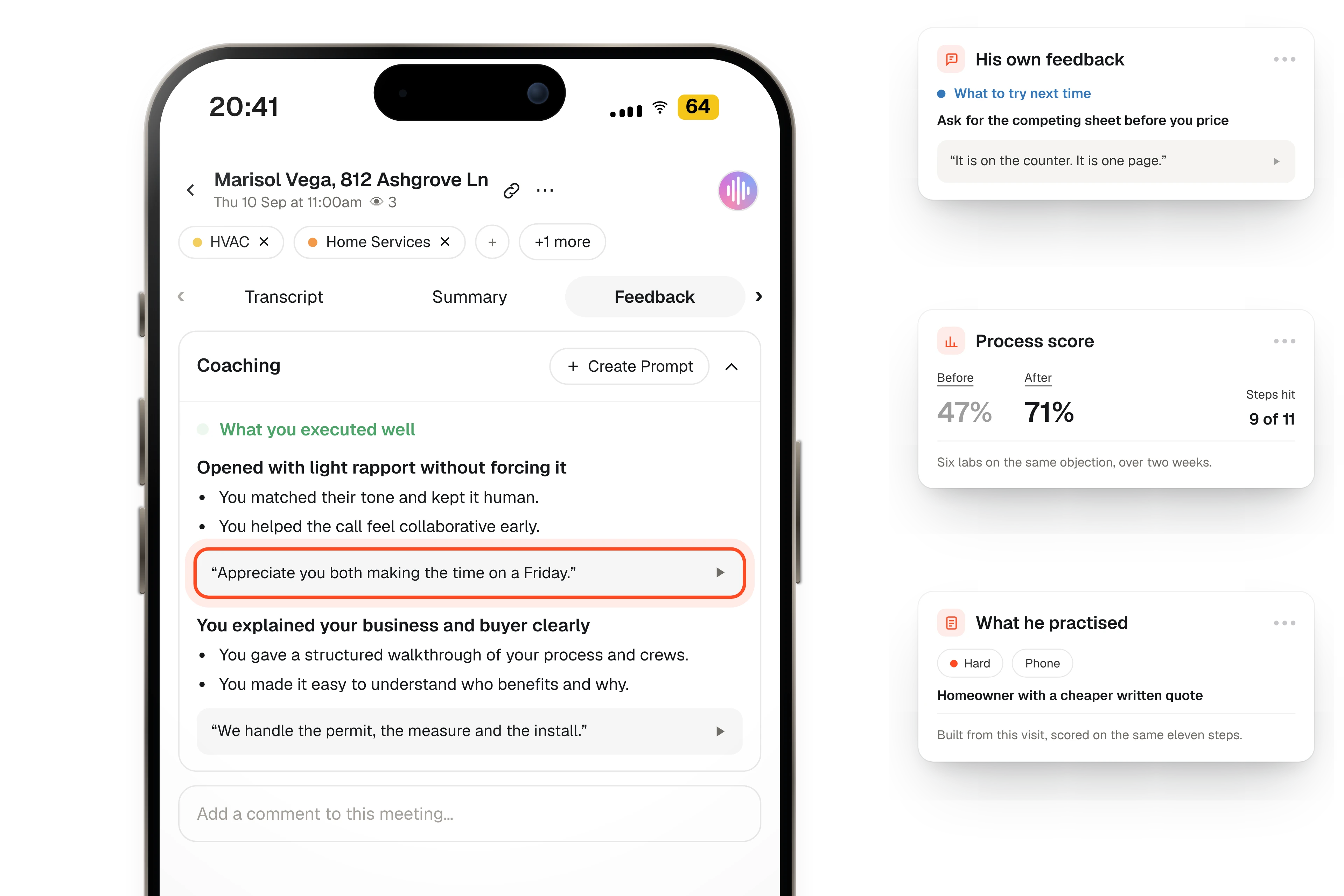 A rep's own coaching page on iPhone, with his feedback, his process score and what he practised