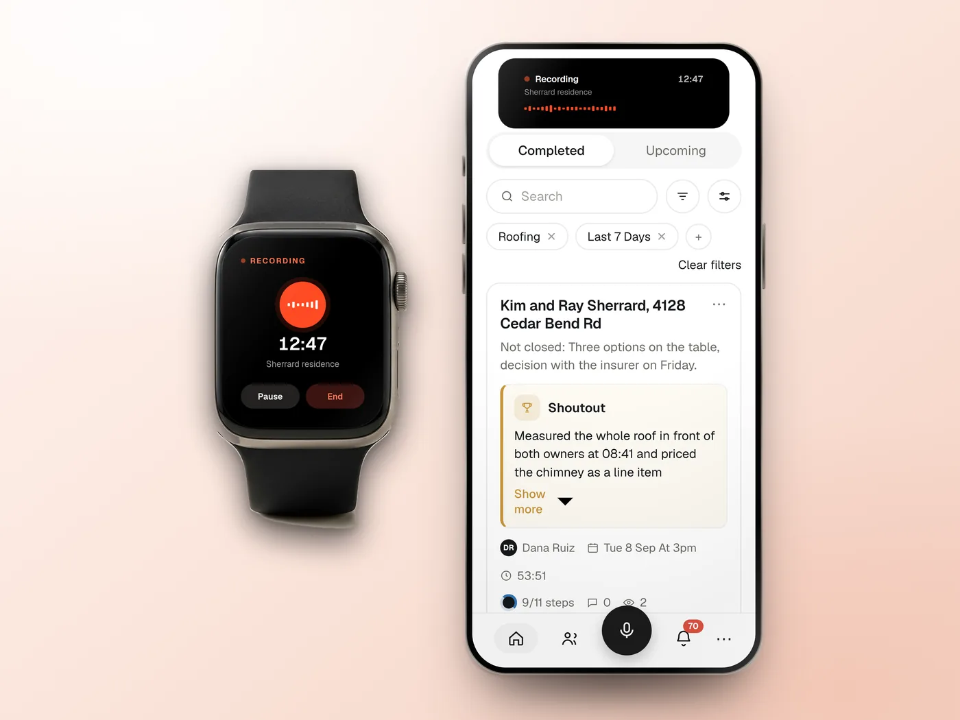 SalesAsk recording on an Apple Watch next to the iPhone app
