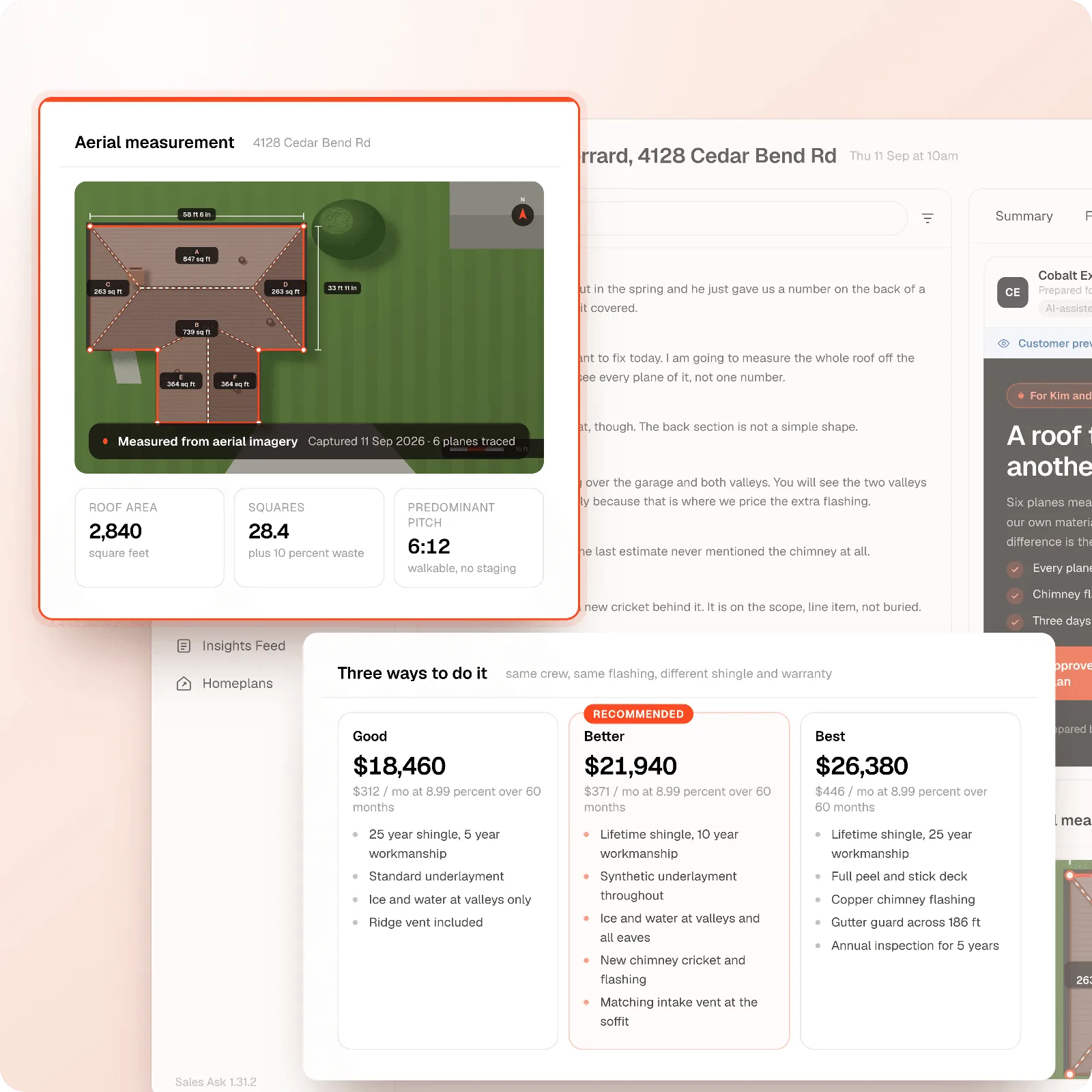 The HomePlan tab with the aerial roof measurement and three priced options