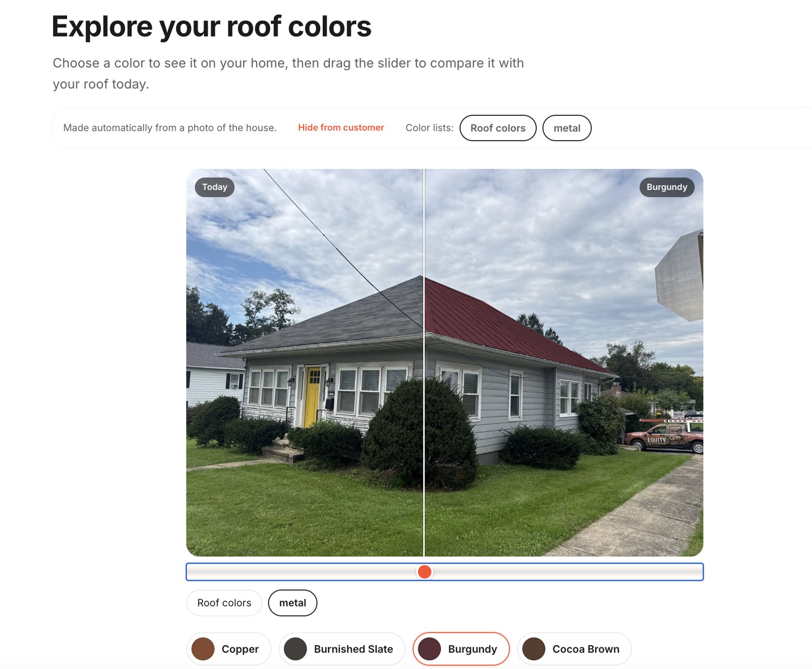 HomePlan roof color picker showing a shingle color on the homeowner's own house with a before and after slider