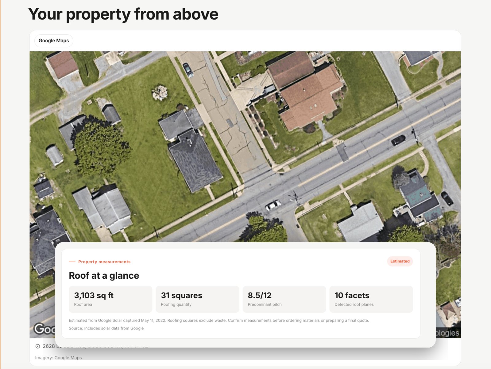 HomePlan satellite view of a property with the Roof at a glance card: roof area, squares, pitch and facets