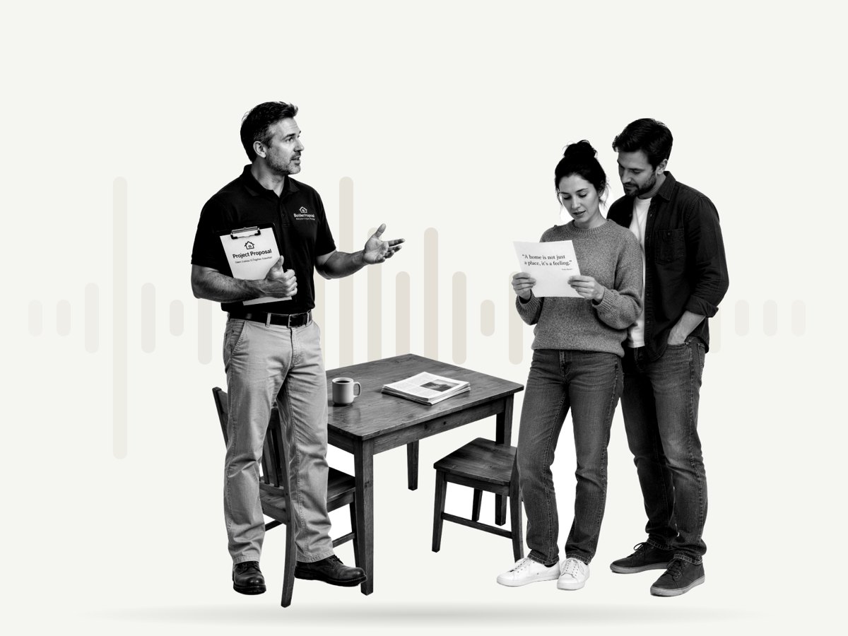 A rep and a homeowner couple at the kitchen table