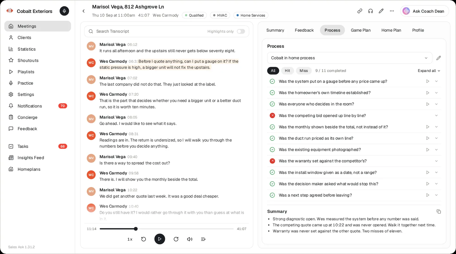 A recorded visit in the SalesAsk app, scored step by step against the process checklist.