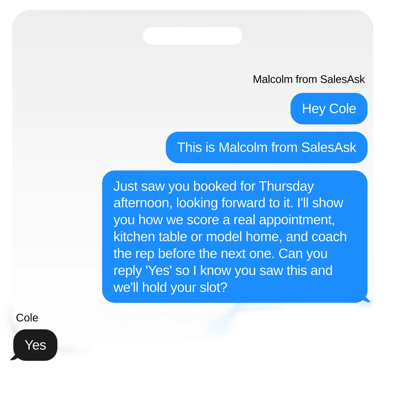 Example confirmation text message from Malcolm at SalesAsk asking the customer to reply Yes to hold their demo slot