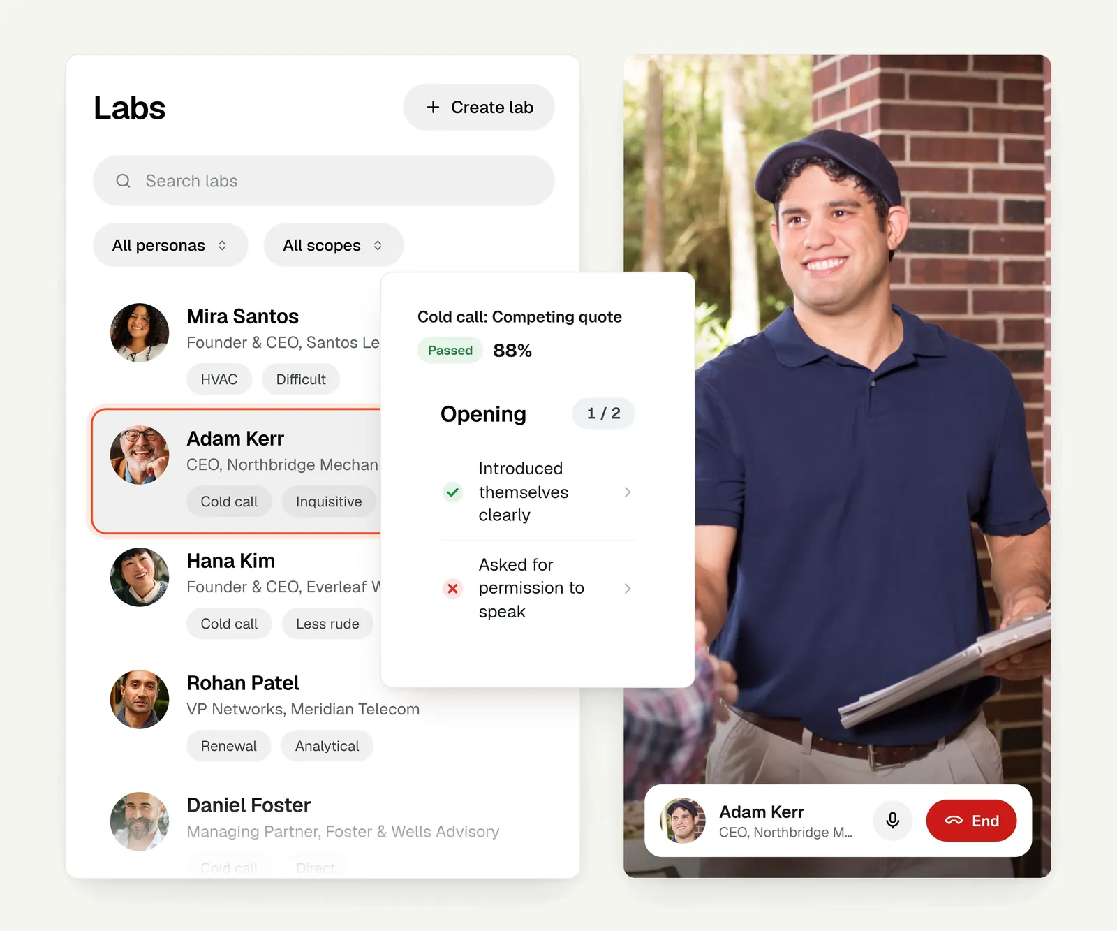 The AI roleplays labs screen listing practice personas, with a practice call scored beside a photo of the AI homeowner.
