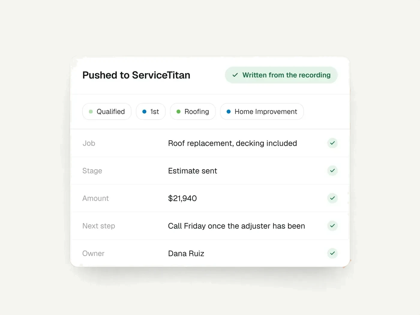 Job details pushed to ServiceTitan, written from the recording