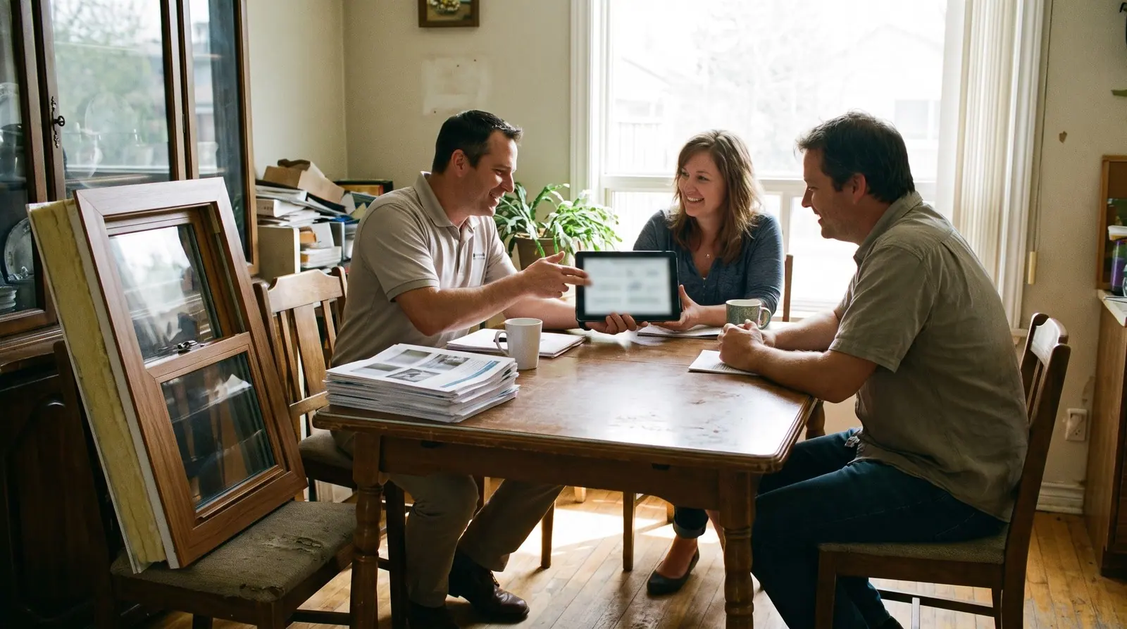 A rep and a homeowner reviewing plans at a kitchen table