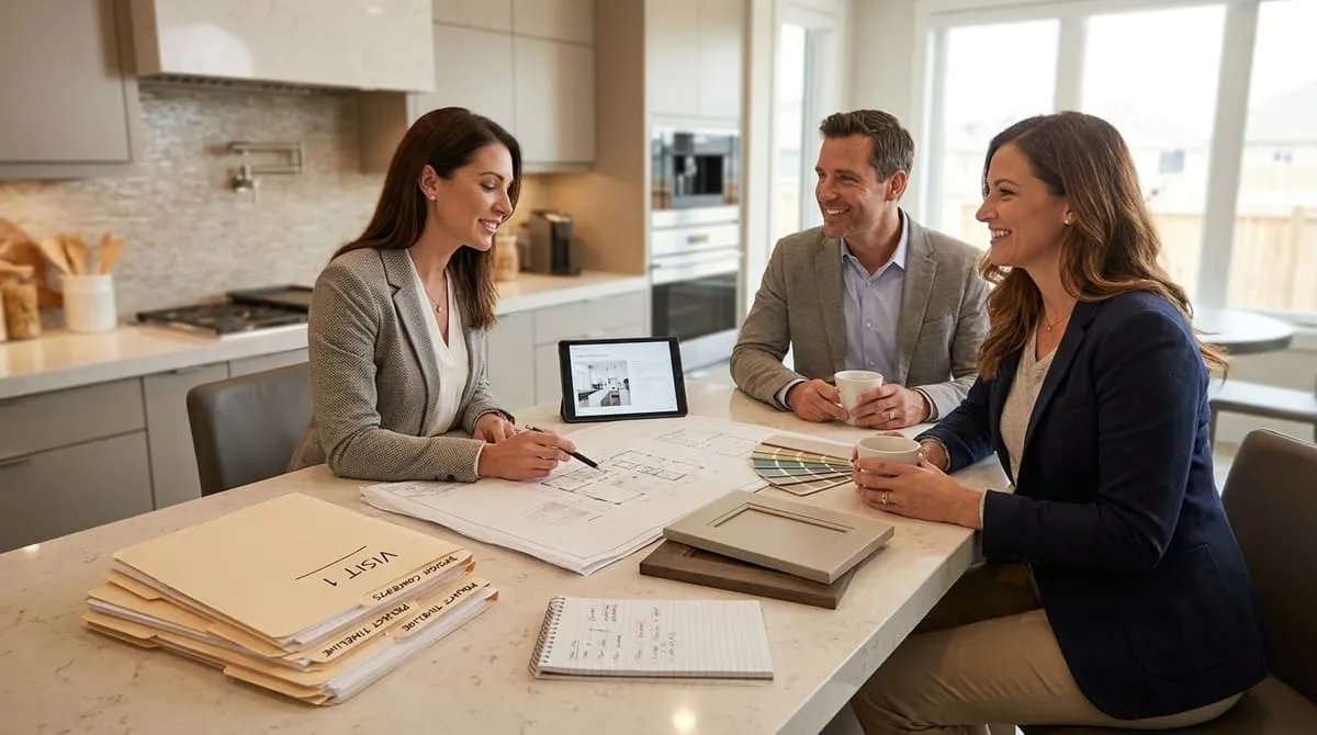 A designer and two homeowners at a kitchen island reviewing plans and material samples on a tablet.