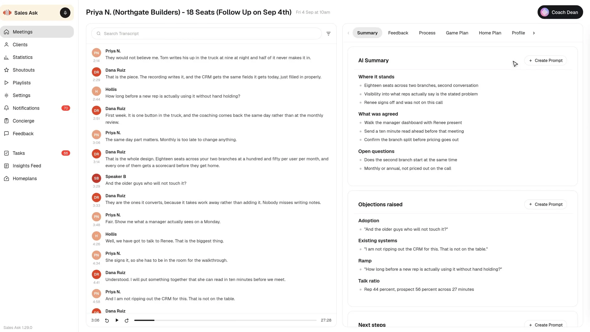 A meeting summary with Coach Dean in SalesAsk