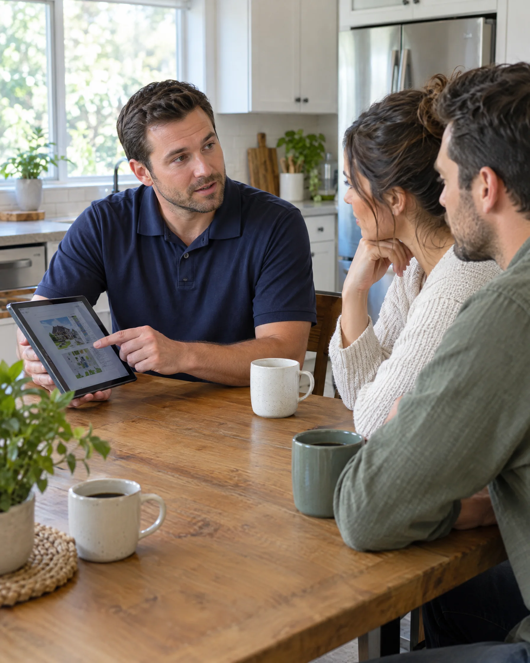 Inspector walking a couple through a service plan at the kitchen table