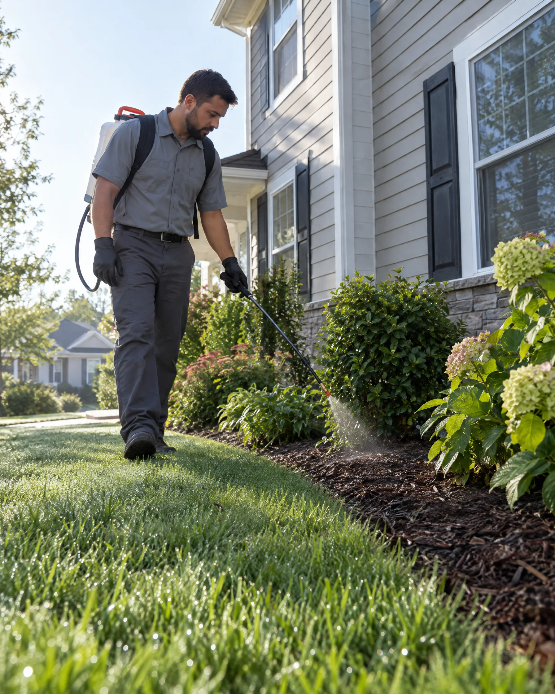 Technician applying a perimeter treatment around a house