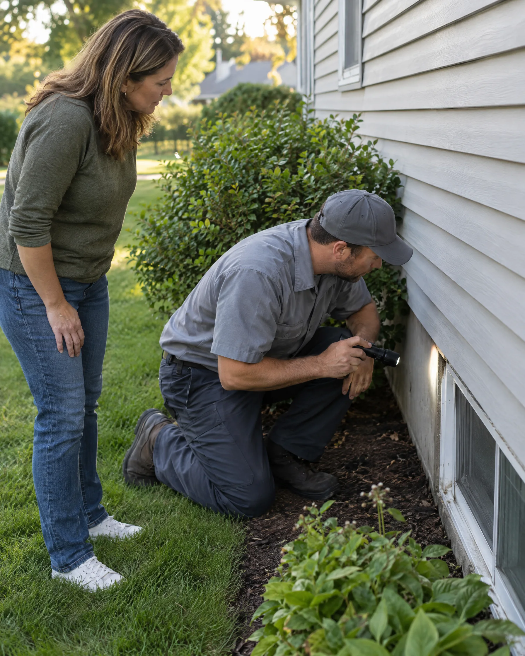 Pest control technician inspecting a foundation gap while the homeowner watches
