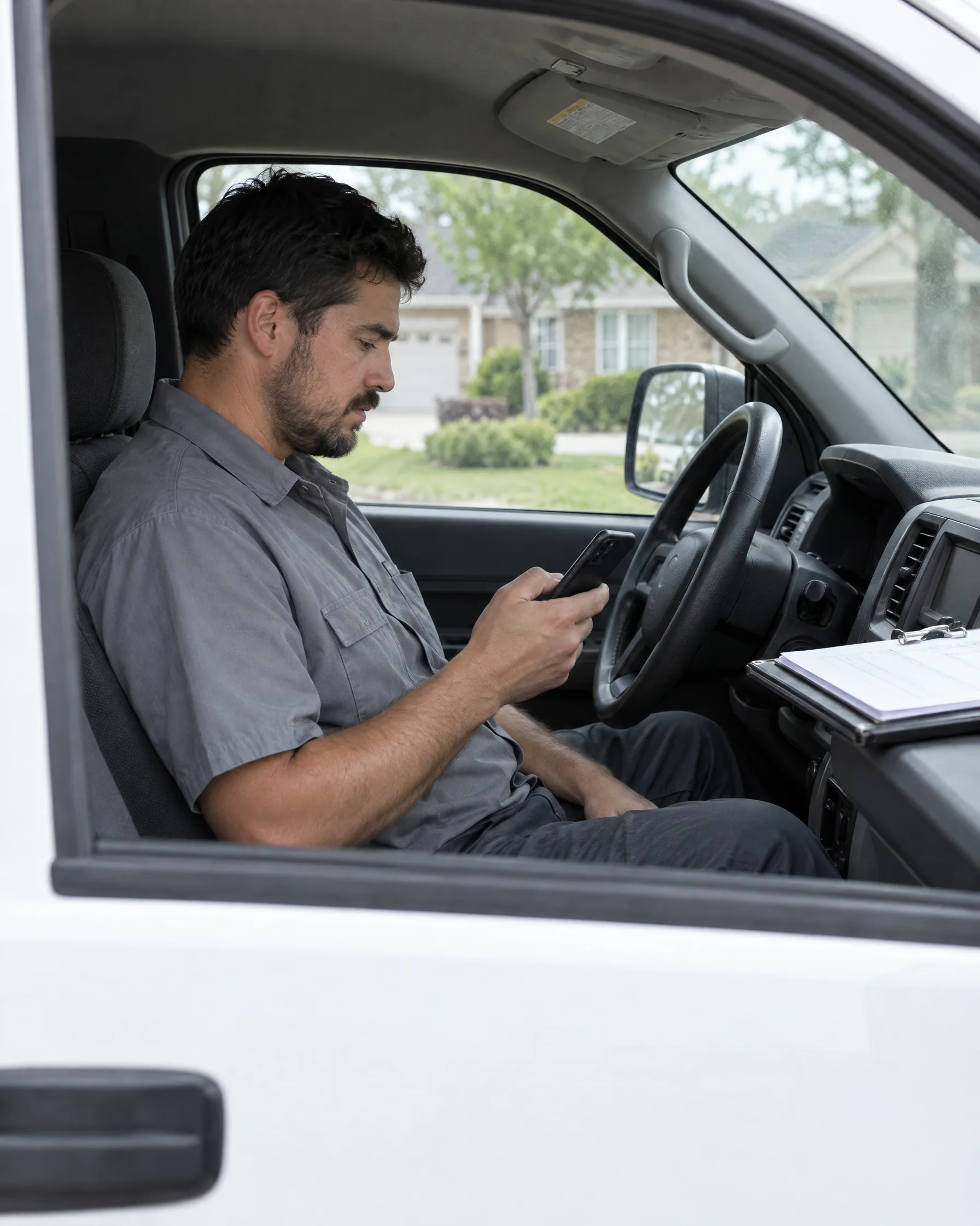 Pest control tech checking his phone in the truck between stops