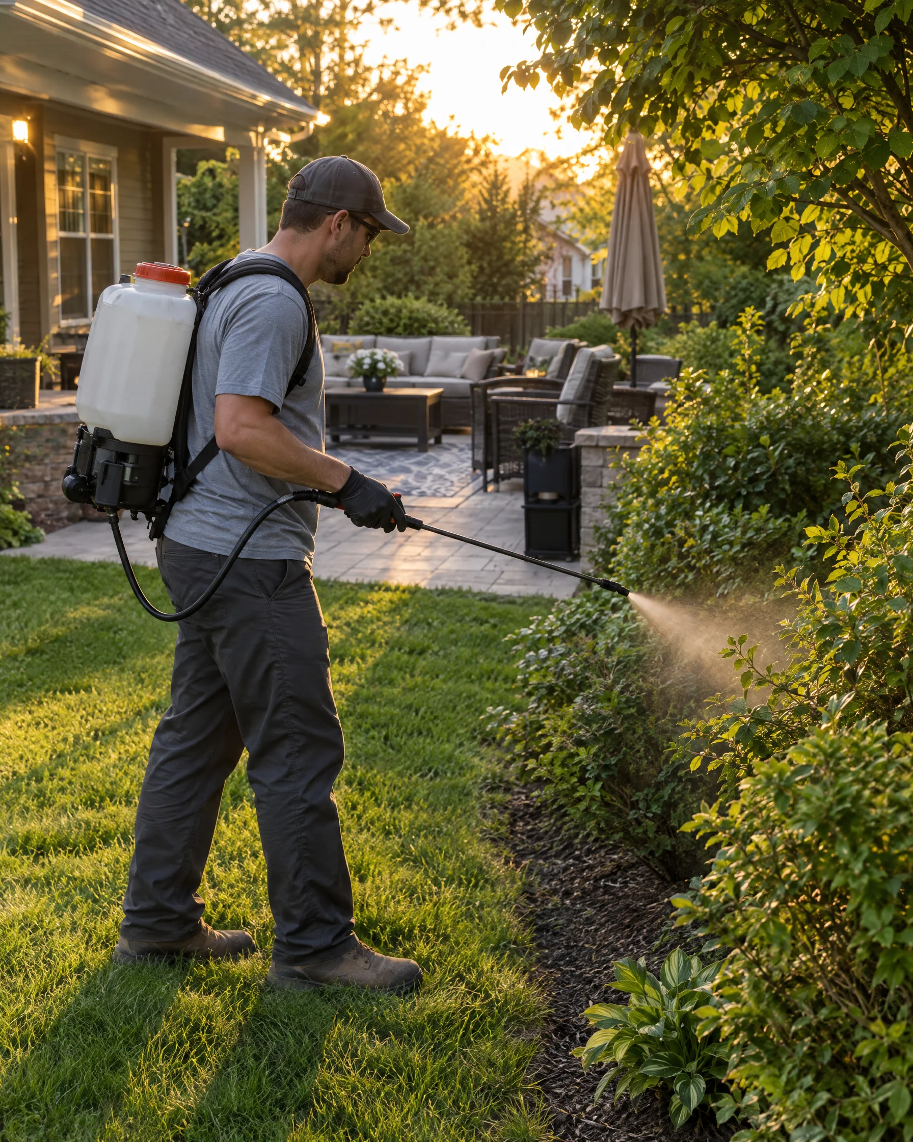Technician treating a backyard for mosquitoes