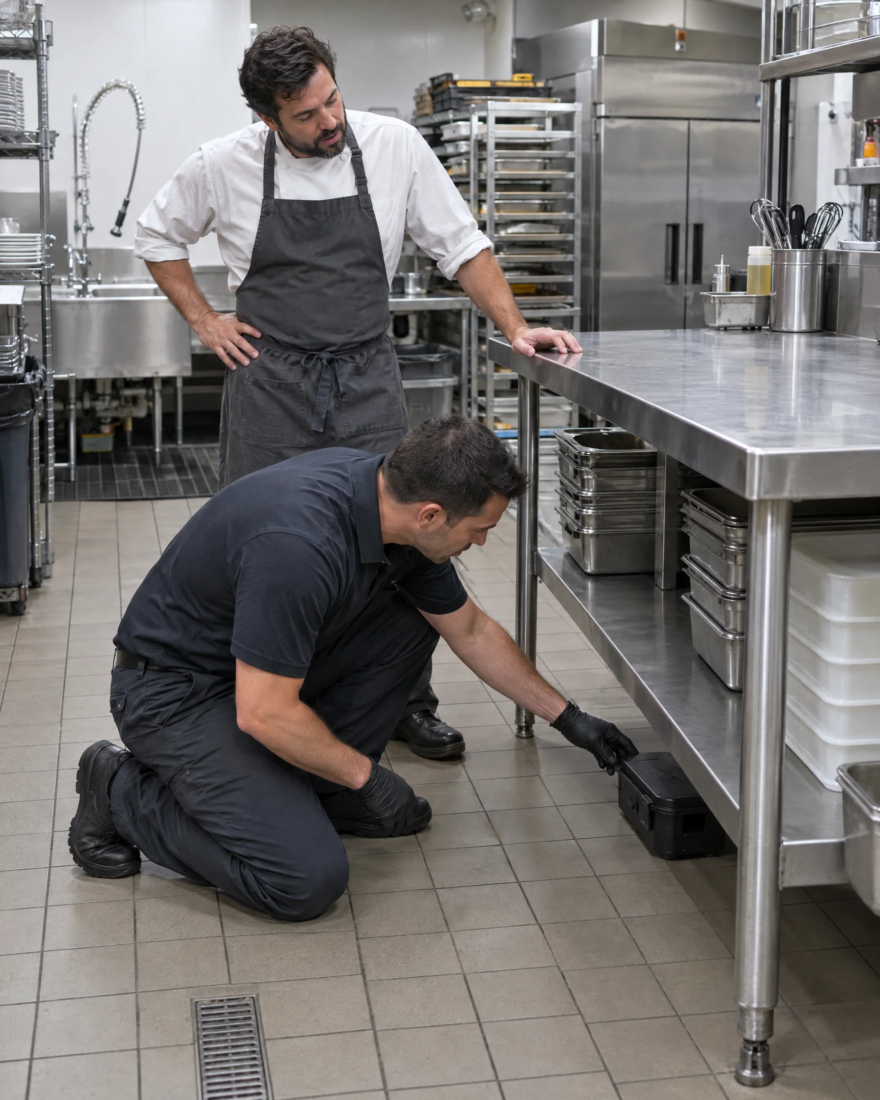 Technician checking a bait station in a restaurant kitchen