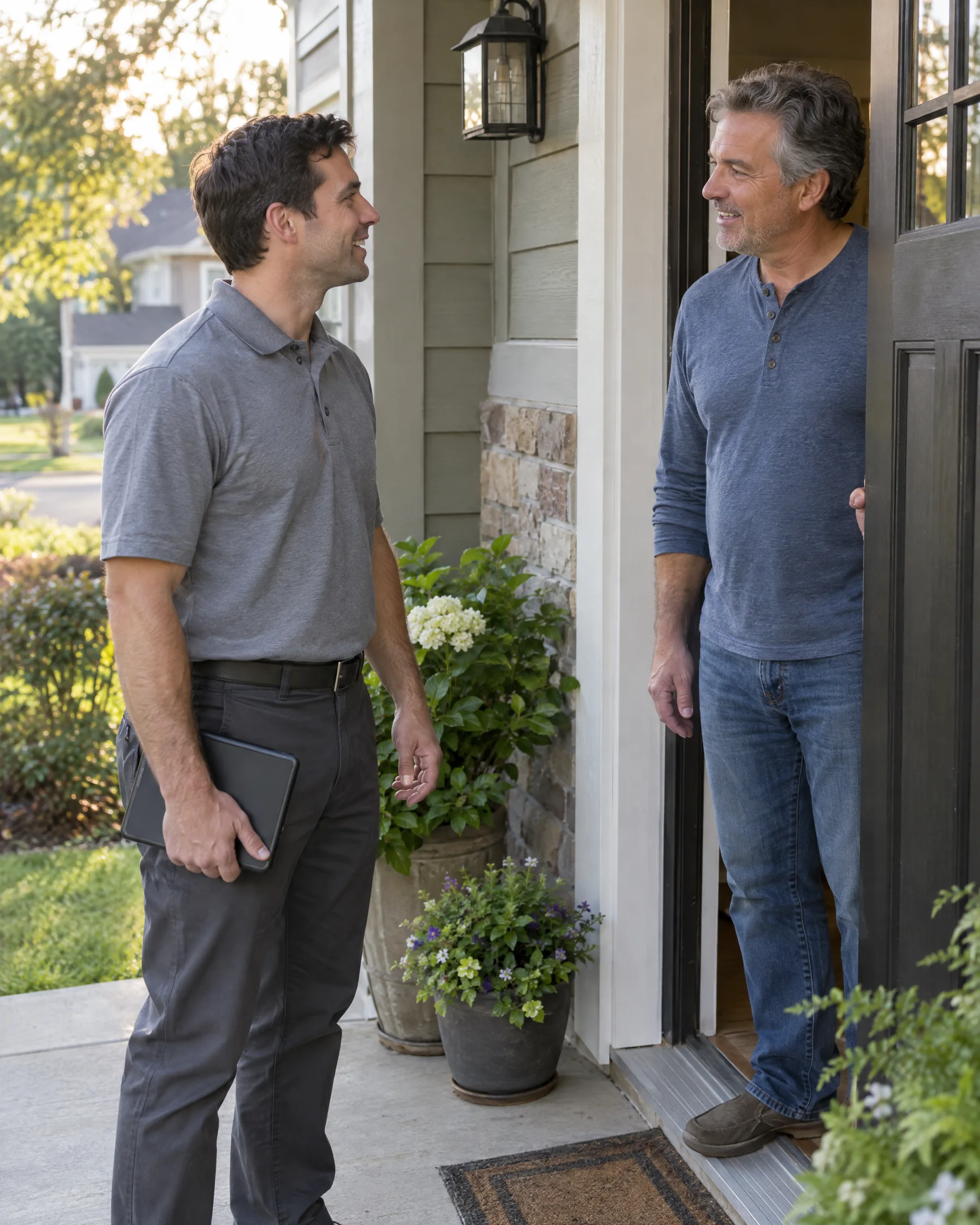 Service rep talking with a homeowner at the front door