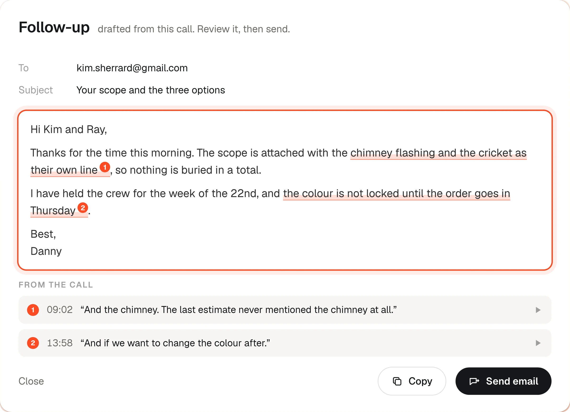 A follow-up email drafted from the visit, with the moments from the call it references listed underneath.