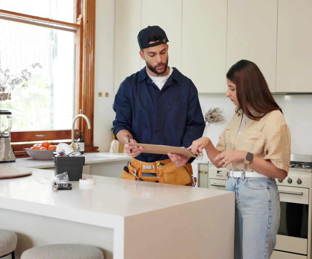 Design consultant walking a homeowner through a kitchen layout