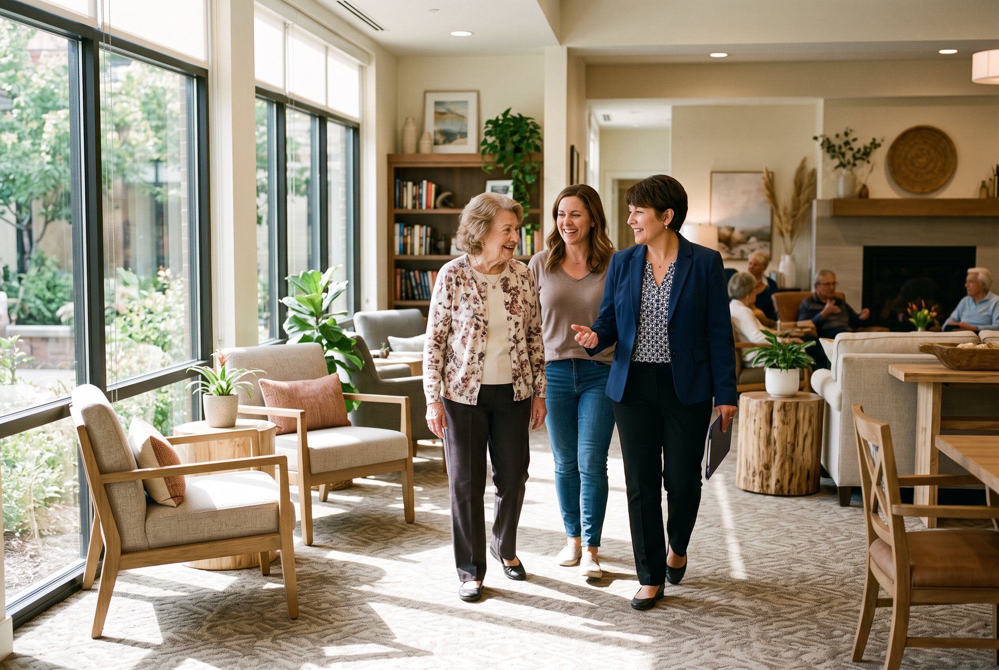 Sales counselor touring a family through a senior living community