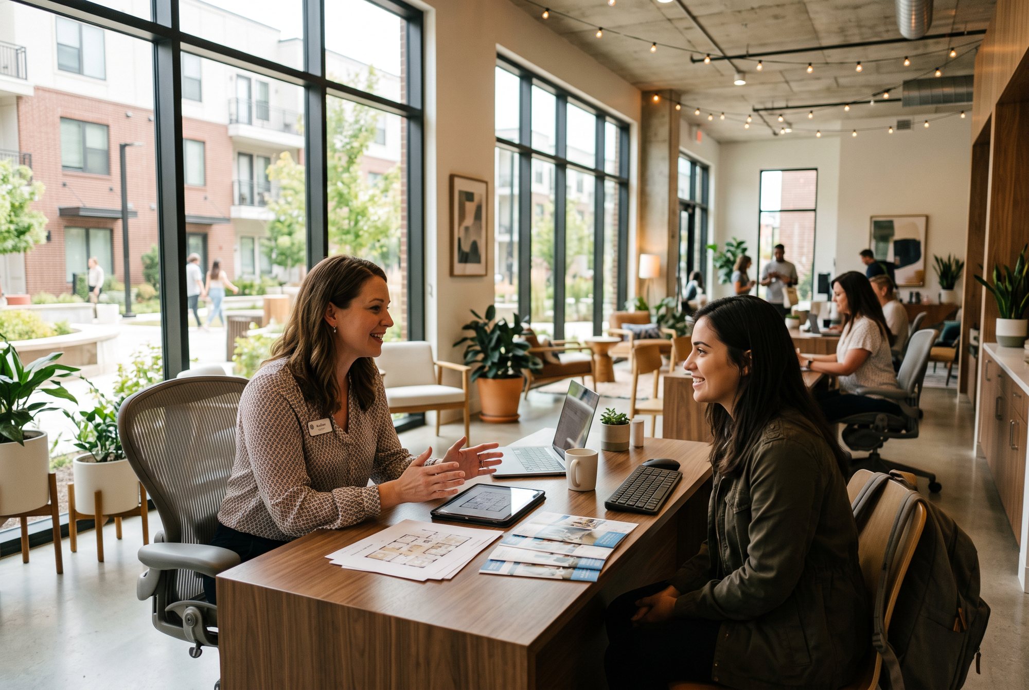 Leasing consultant walking a couple through lease options