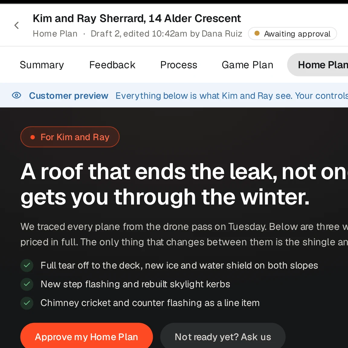 A HomePlan draft for Kim and Ray Sherrard, marked Awaiting approval, in customer preview