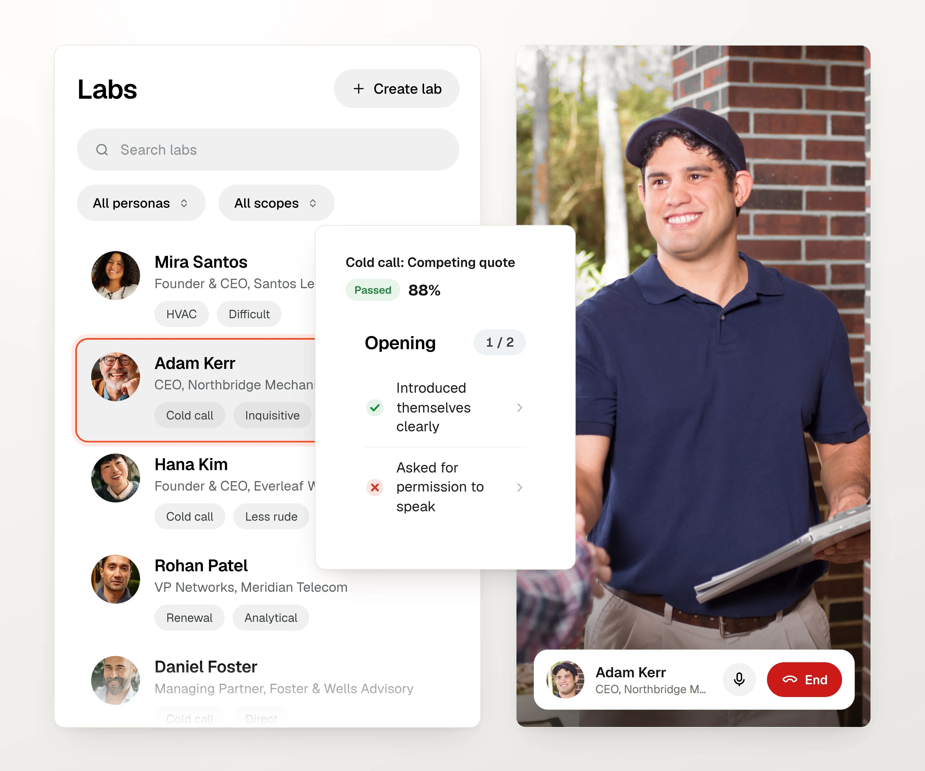 Labs list of AI buyer personas beside a live cold call roleplay with a homeowner at the door.