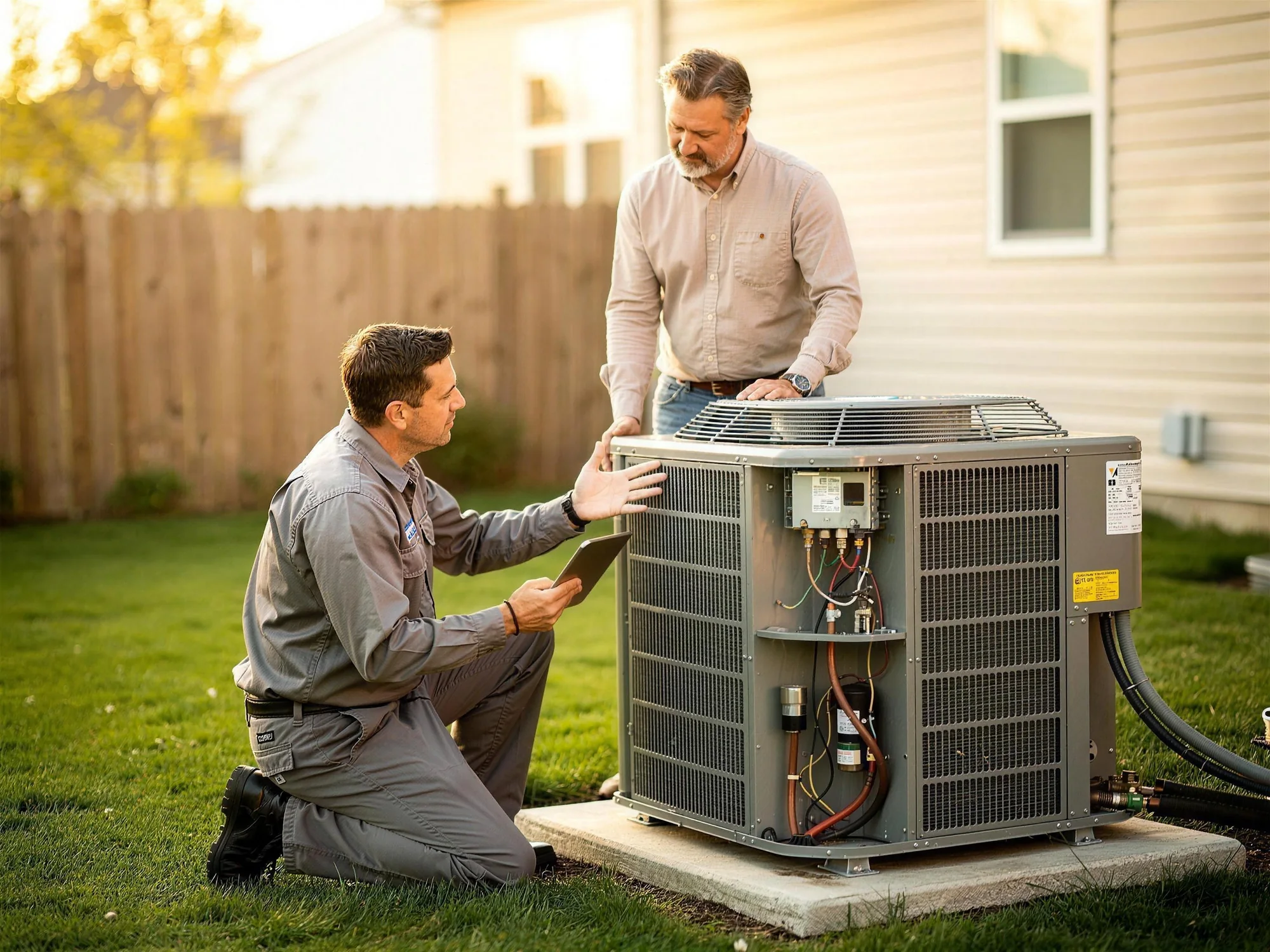 HVAC technician walking a homeowner through a new unit