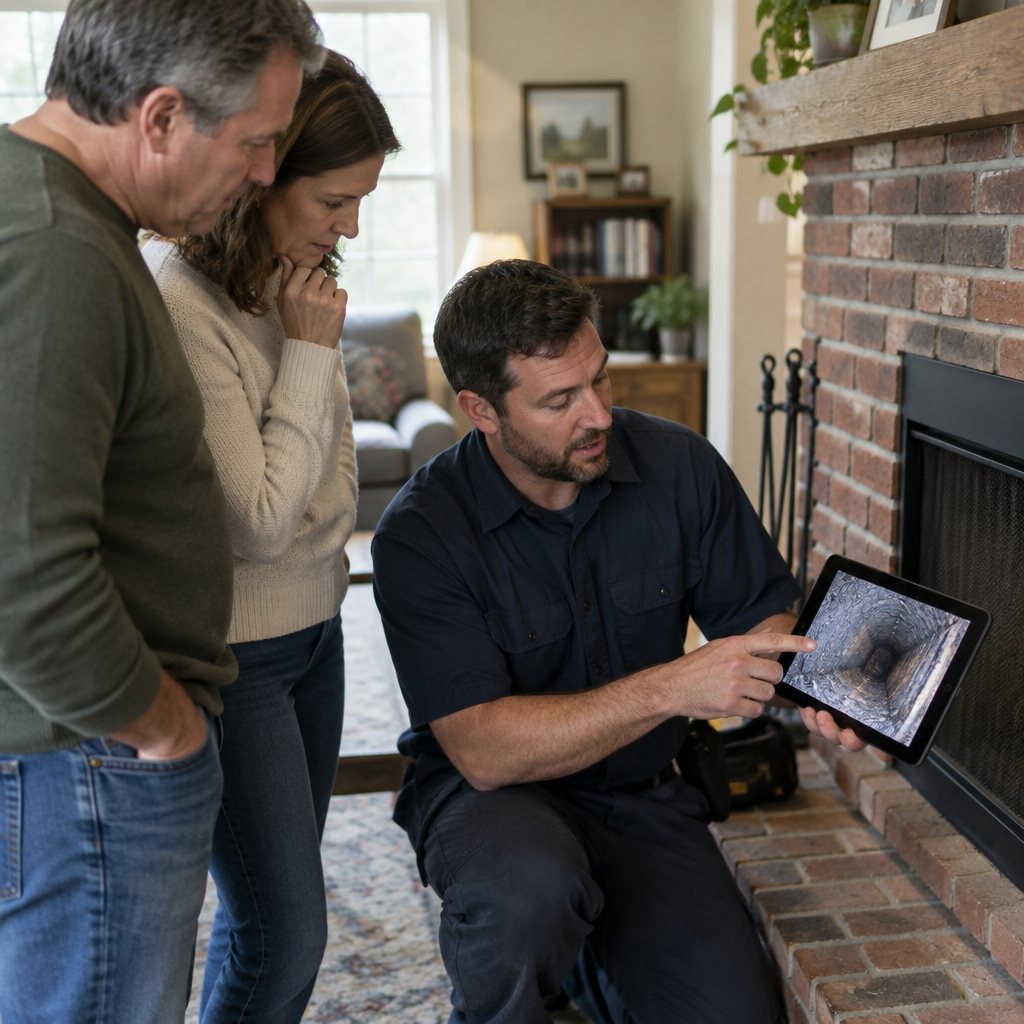 Chimney tech showing homeowners camera footage on a tablet by the fireplace