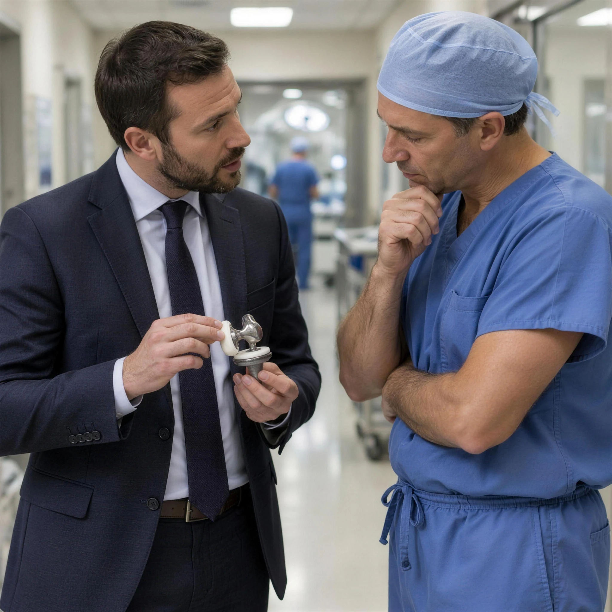Medical device rep showing an implant to a surgeon in a hospital hallway