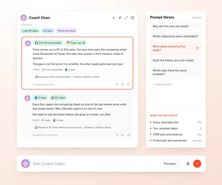 Coach Dean chat panel answering why a deal did not close, listing three timestamped moments from the visit beside a saved prompt library and a row comparing four reps.
