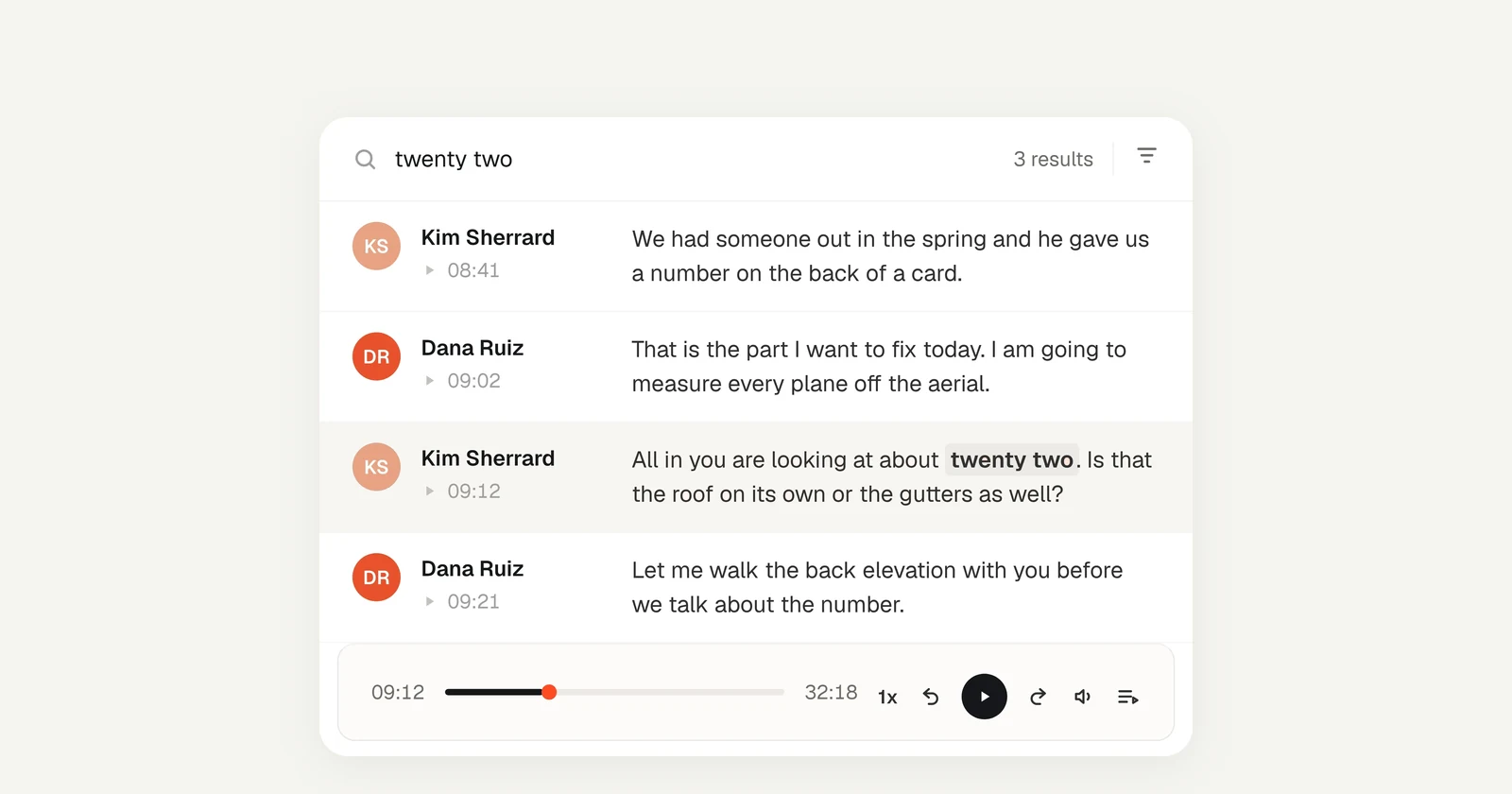 SalesAsk transcript search for a recorded roofing visit, showing who said what with timestamps and a playback bar.