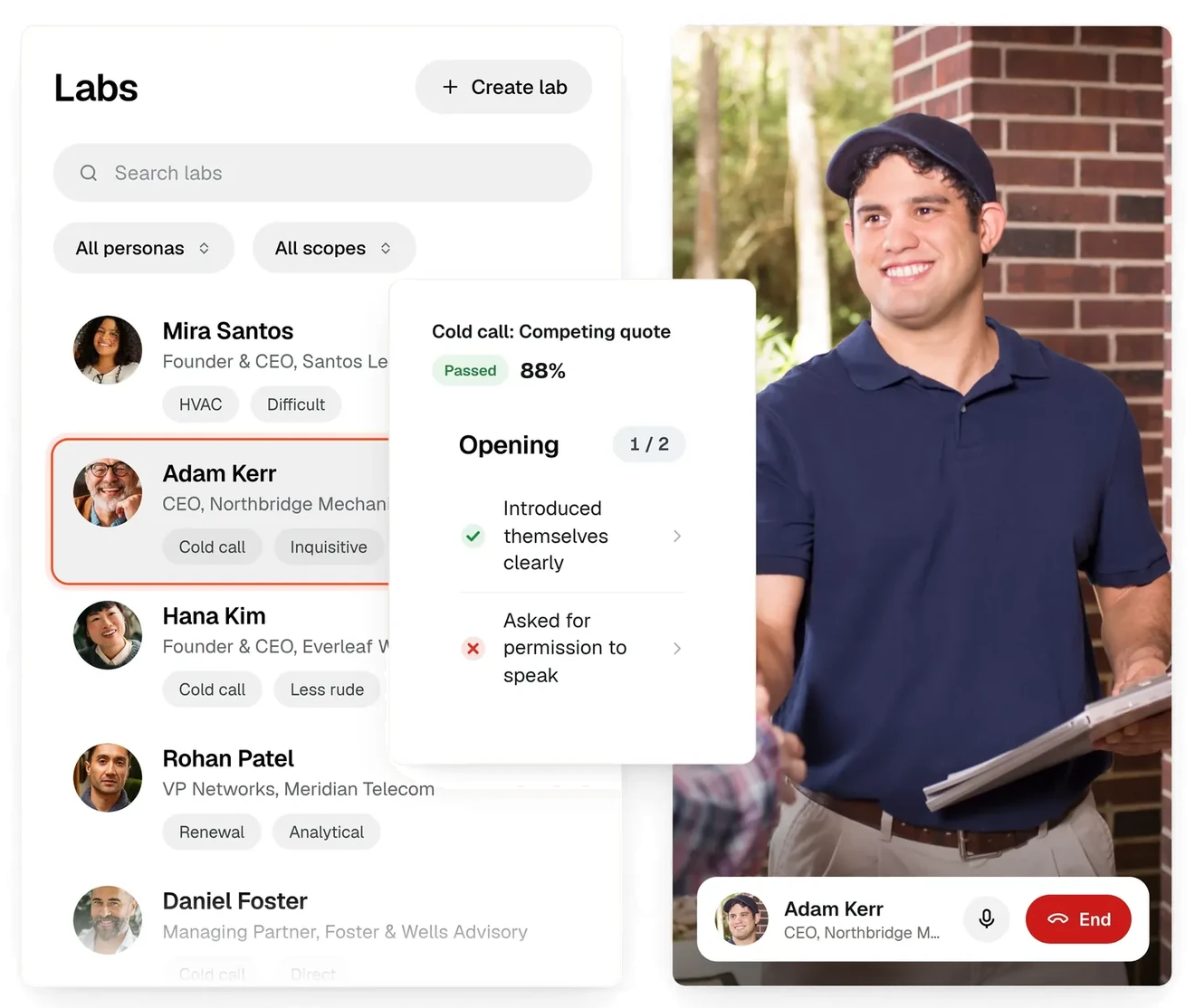 Labs list of AI buyer personas beside a live cold call roleplay with a homeowner at the door.