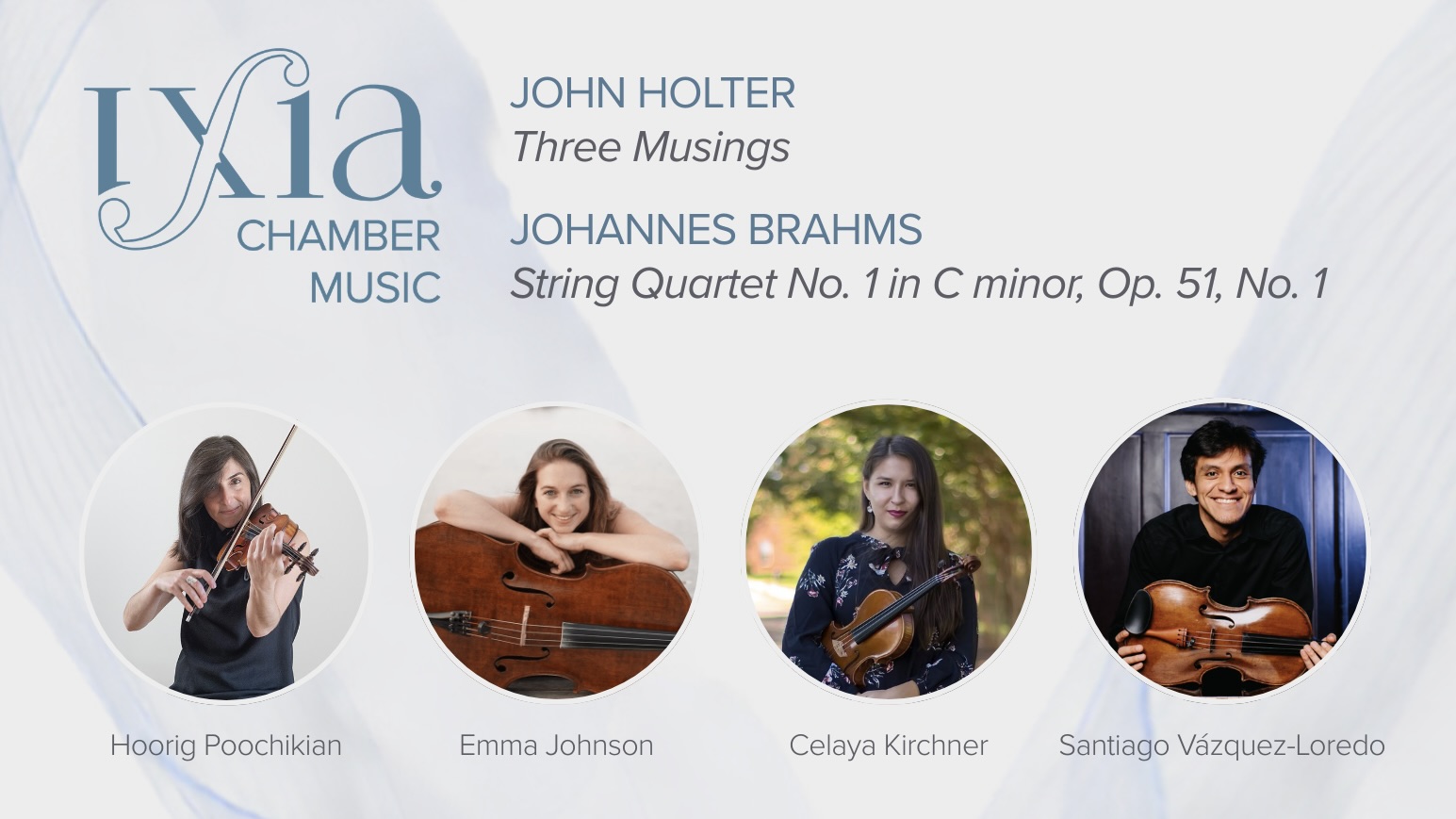 Concert poster for Beyond Words: Inner Worlds, featuring compositions by John Holter (Three Musings) and Johannes Brahms (String Quartet No. 1 in C minor), performed by Hoorig Poochikian, Emma Johnson, Celaya Kirchner, and Santiago Vázquez-Loredo.